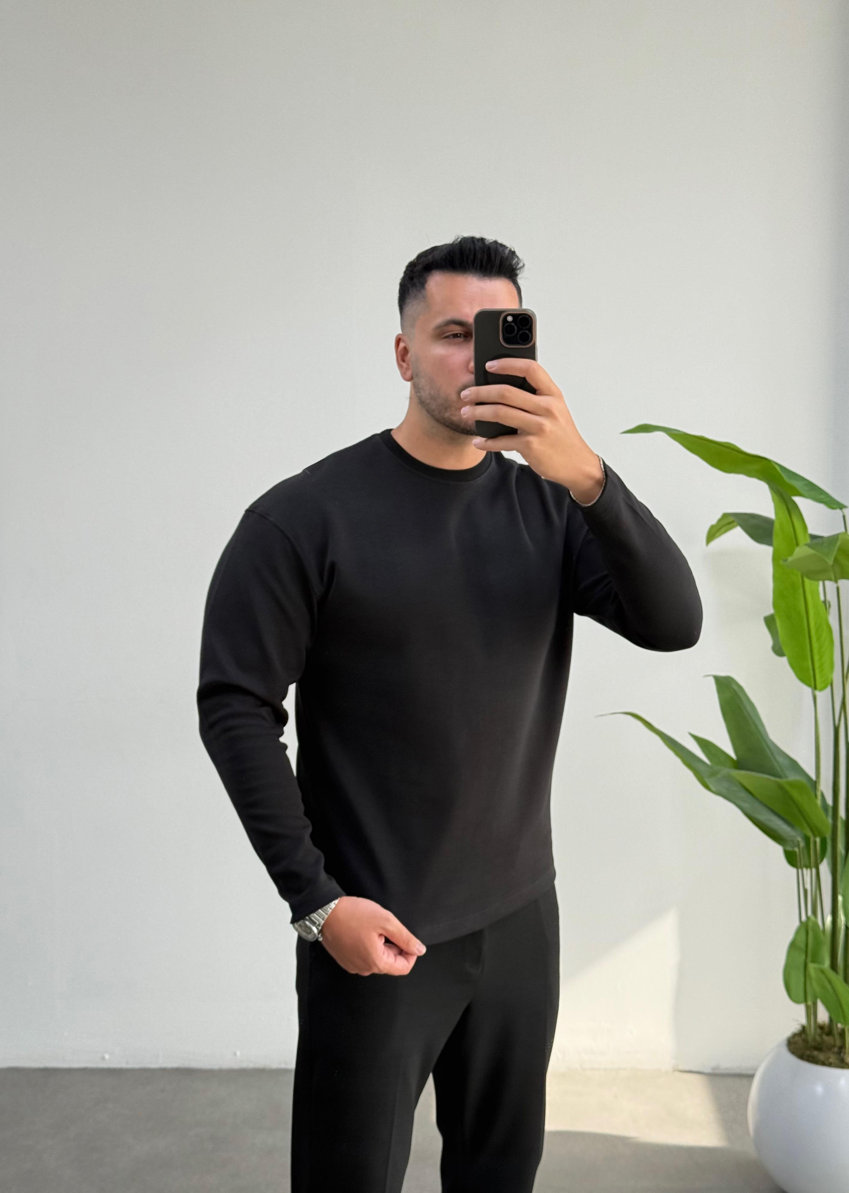 Bisiklet Yaka Duble Face Siyah Sweat