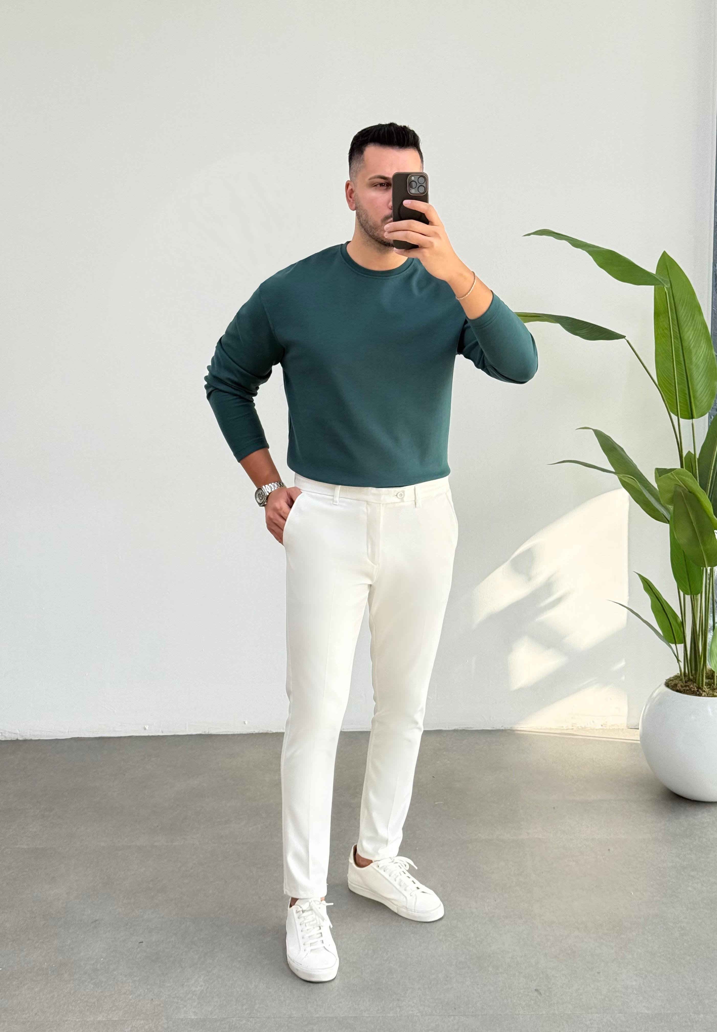 Bisiklet Yaka Duble Face Zümrüt Sweat
