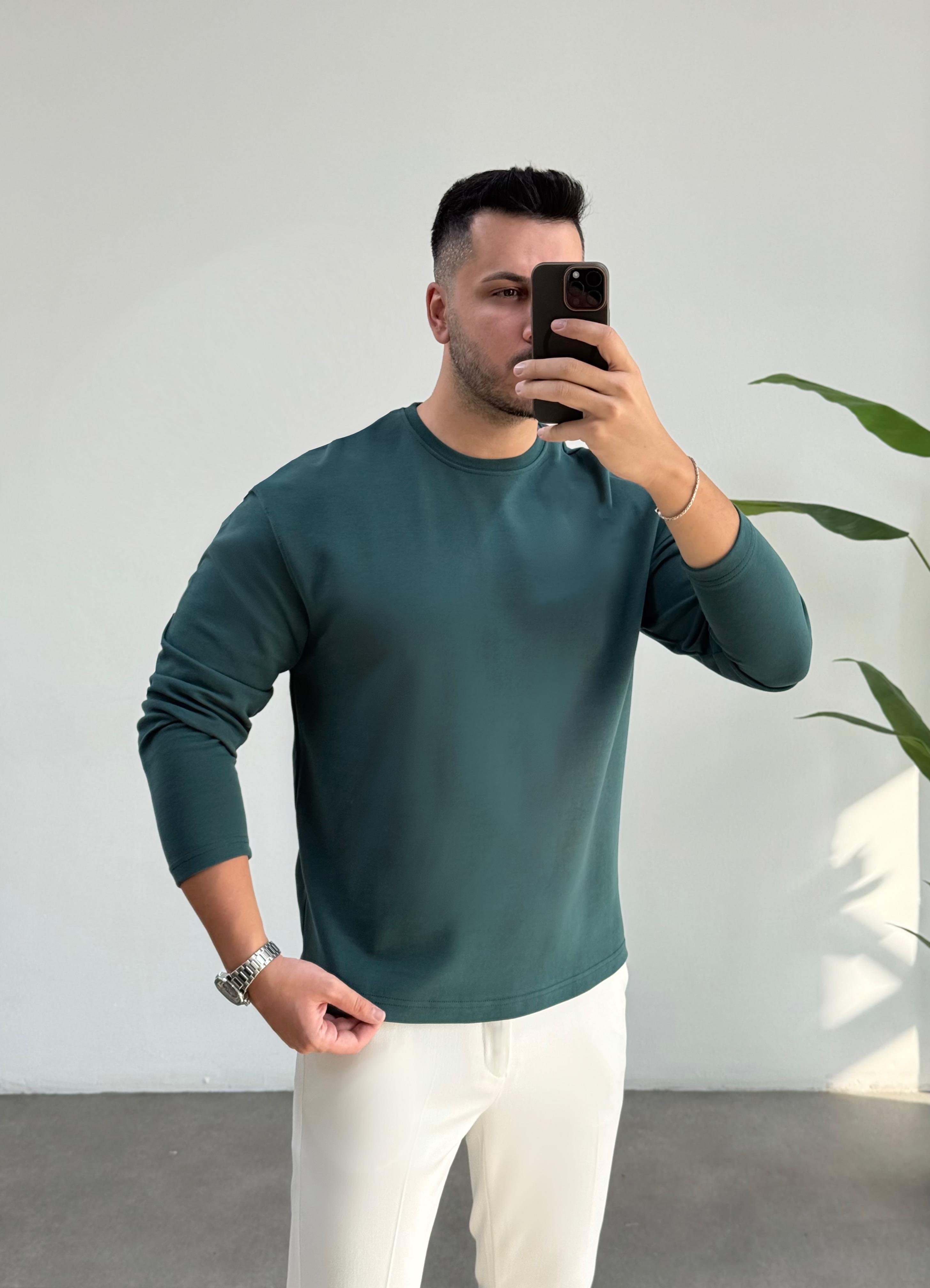 Bisiklet Yaka Duble Face Zümrüt Sweat