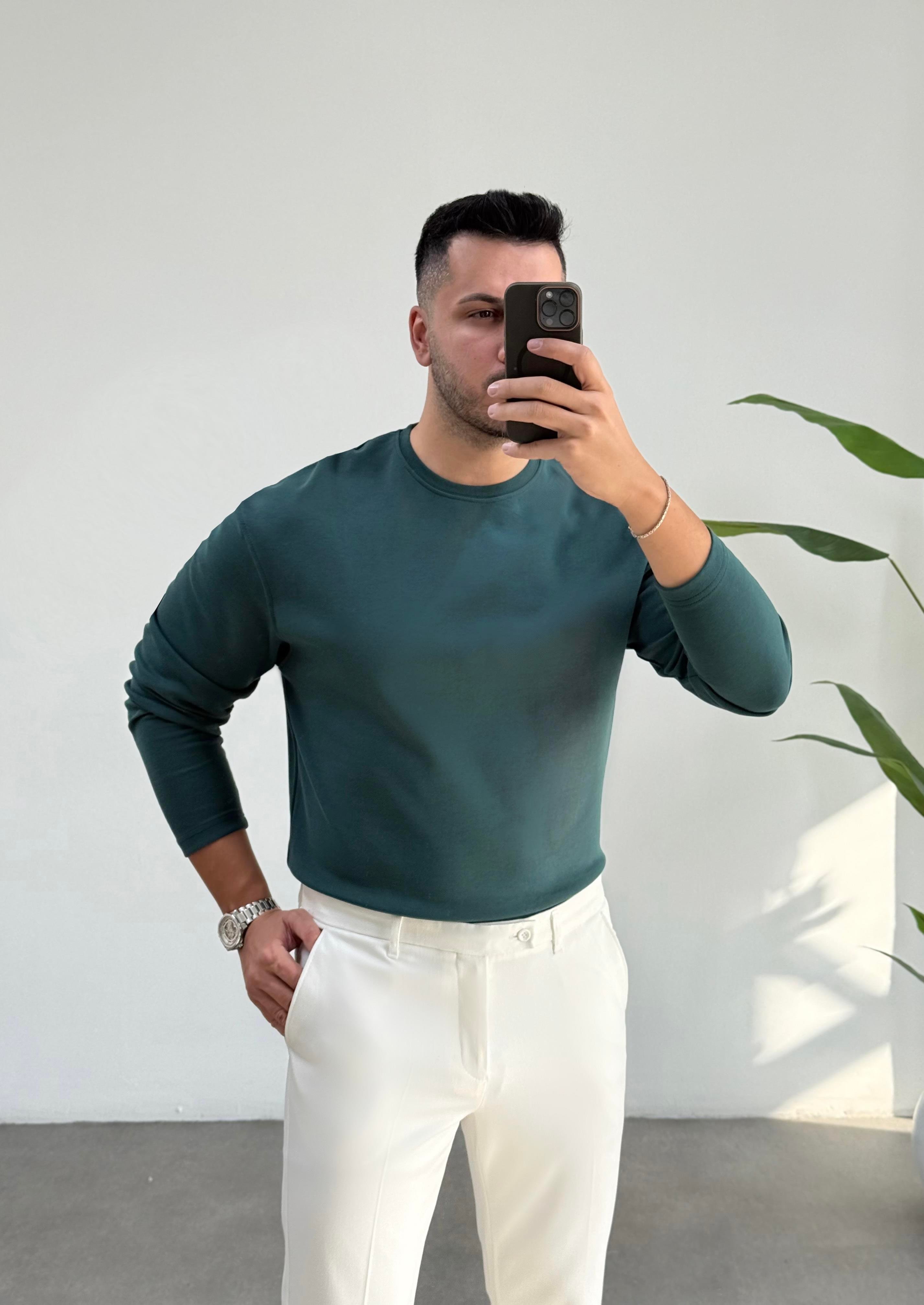 Bisiklet Yaka Duble Face Zümrüt Sweat