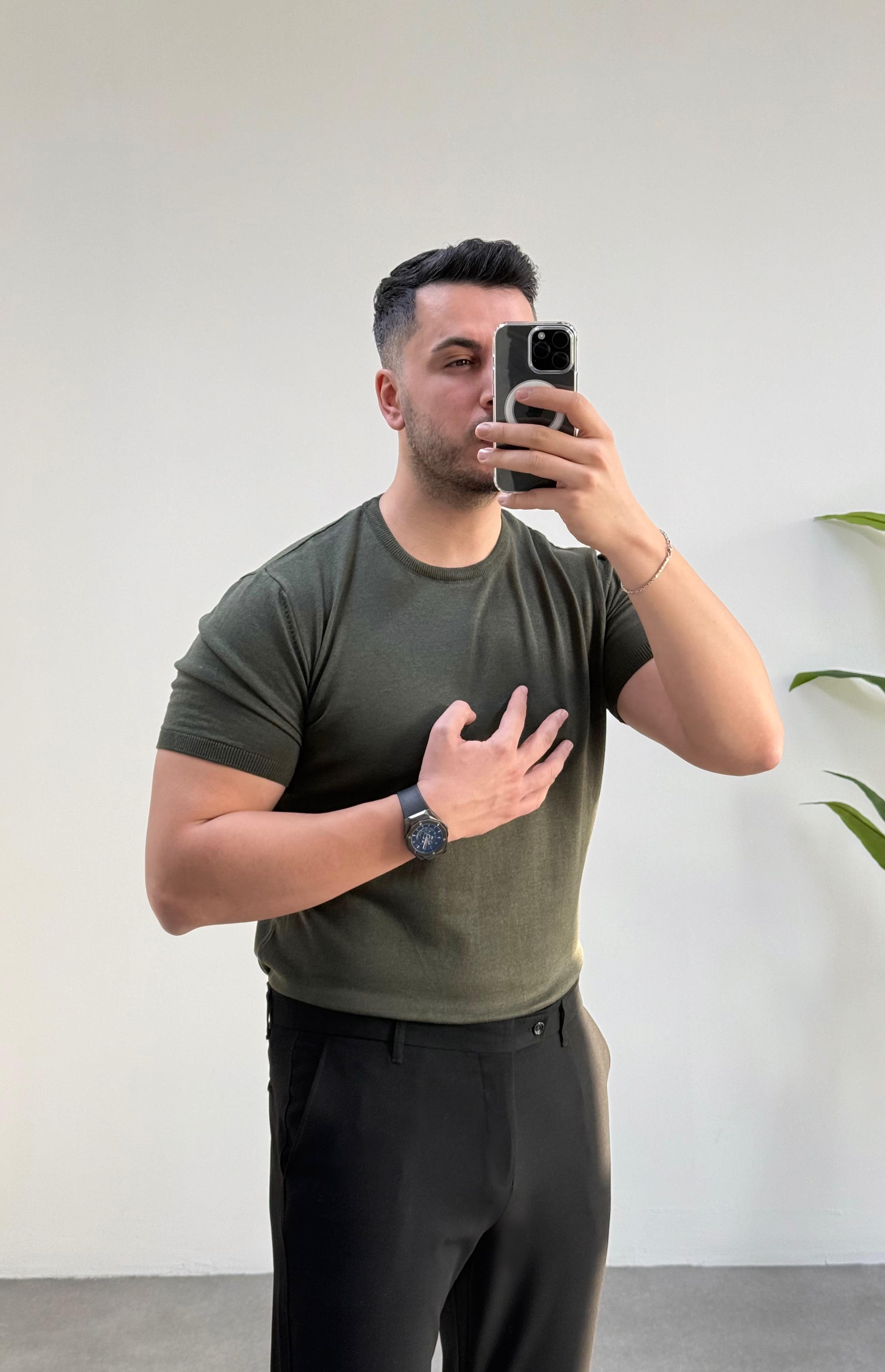 Bisiklet Yaka Haki Örme Tişört 