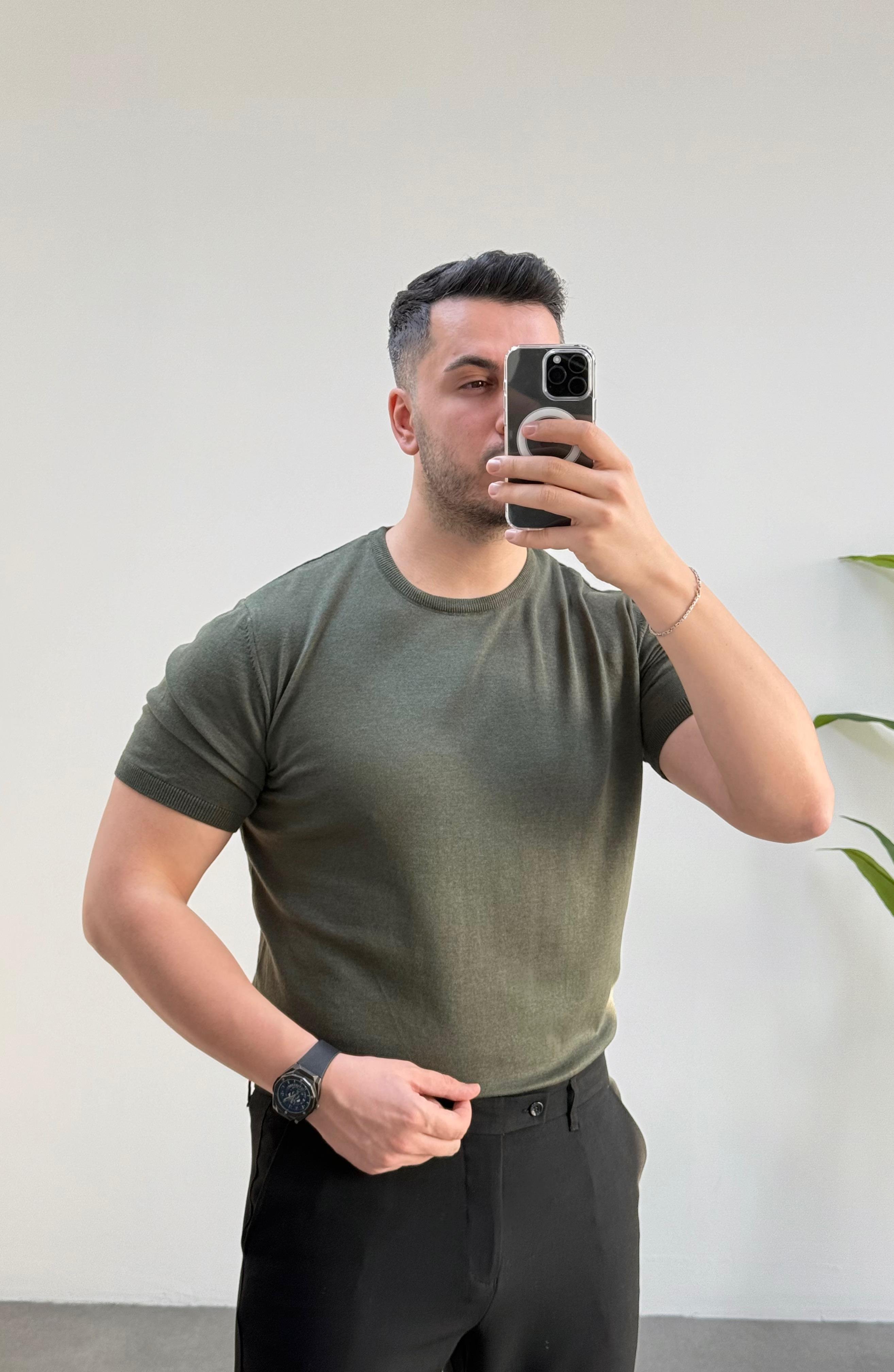 Bisiklet Yaka Haki Örme Tişört 
