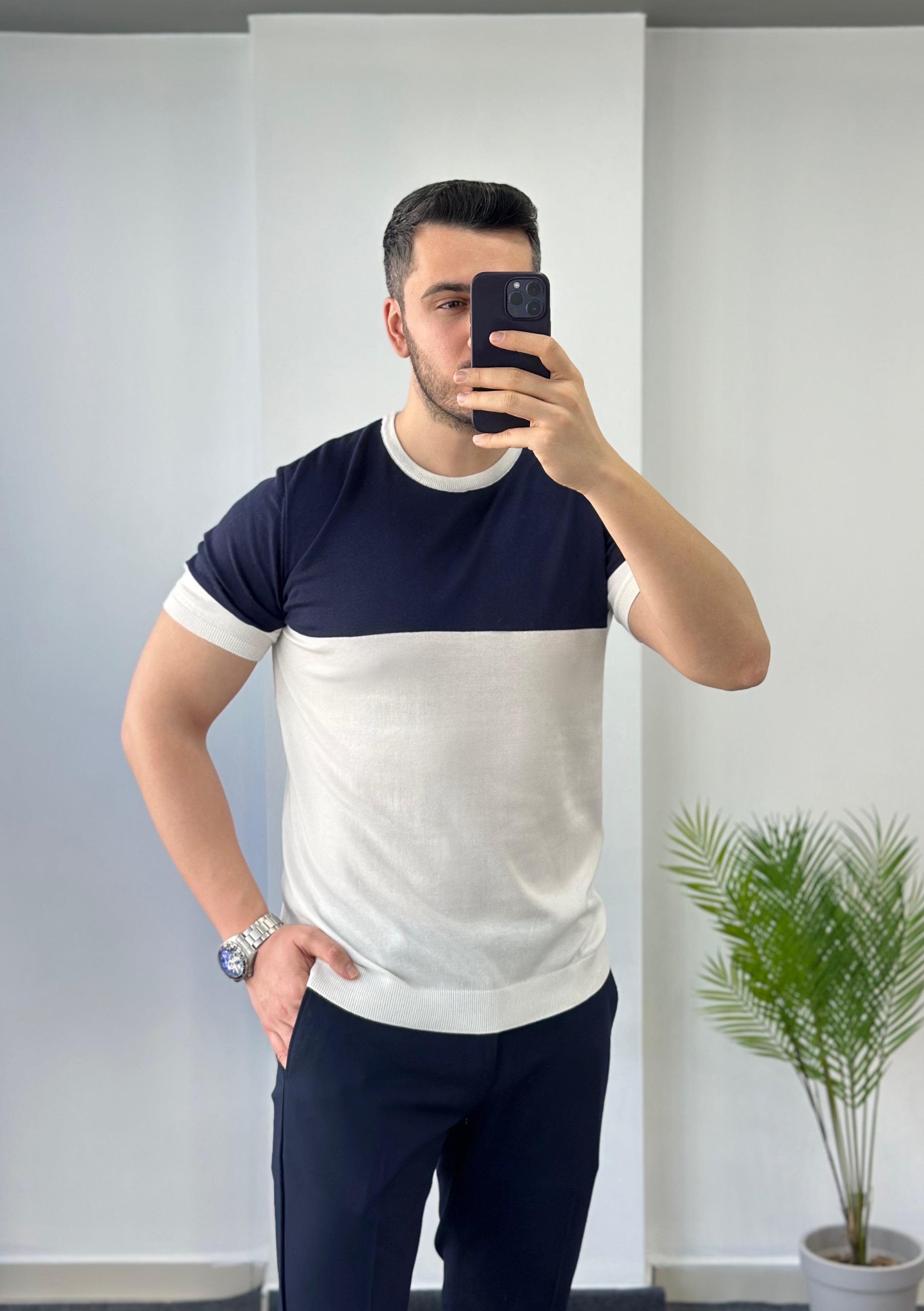 Bisiklet Yaka Lacivert Beyaz Triko Tişört 