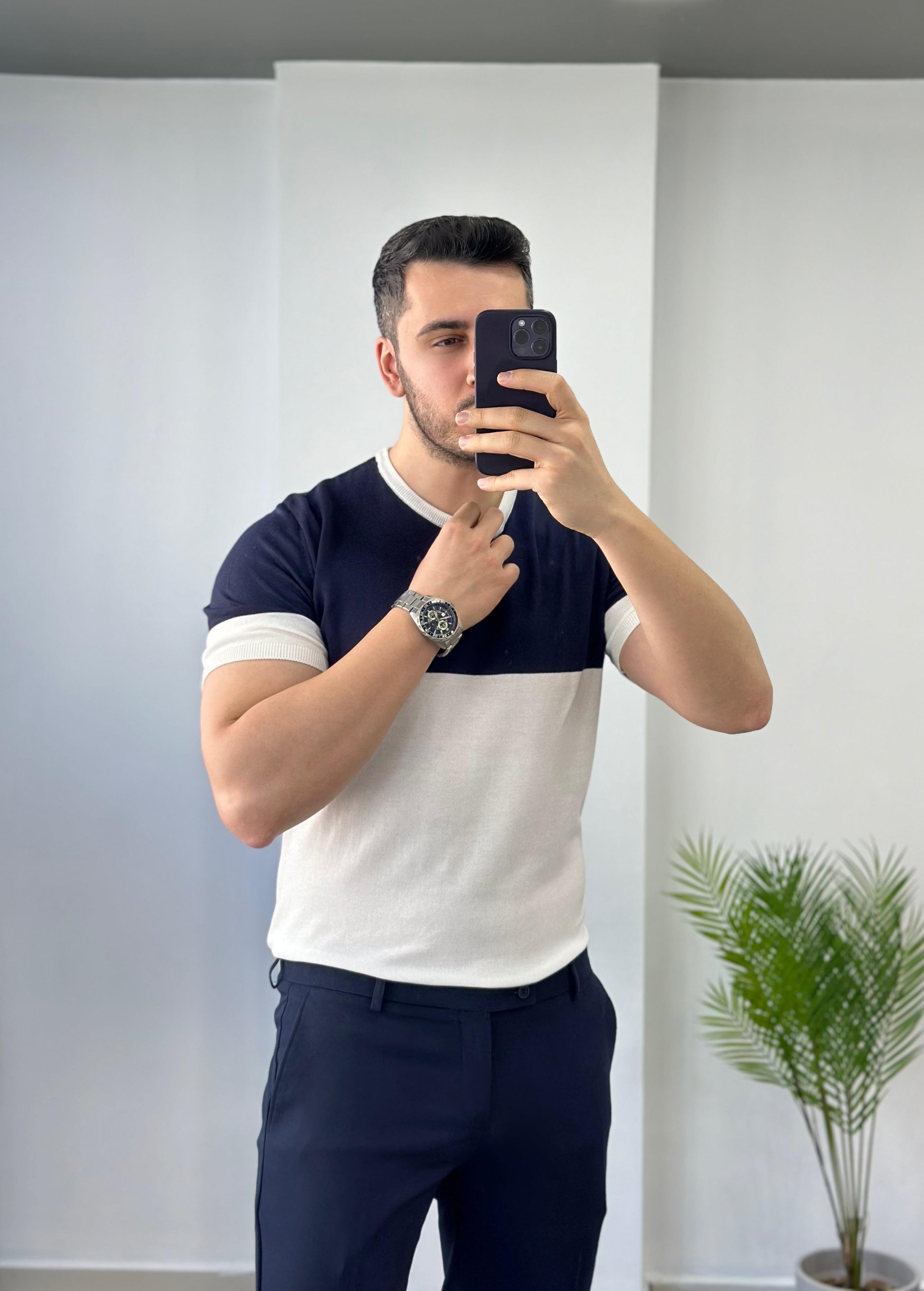 Bisiklet Yaka Lacivert Beyaz Triko Tişört 