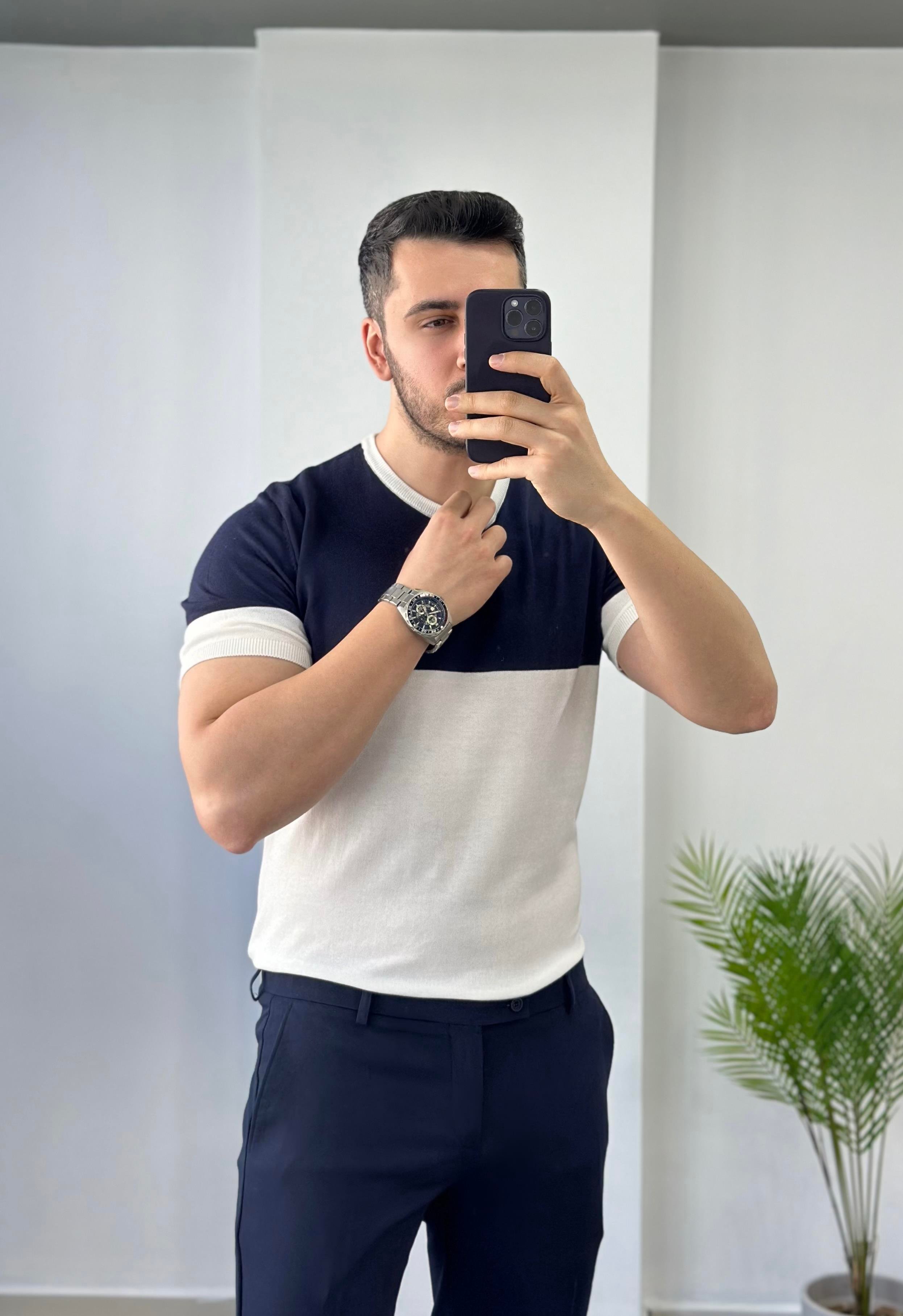 Bisiklet Yaka Lacivert Beyaz Triko Tişört 