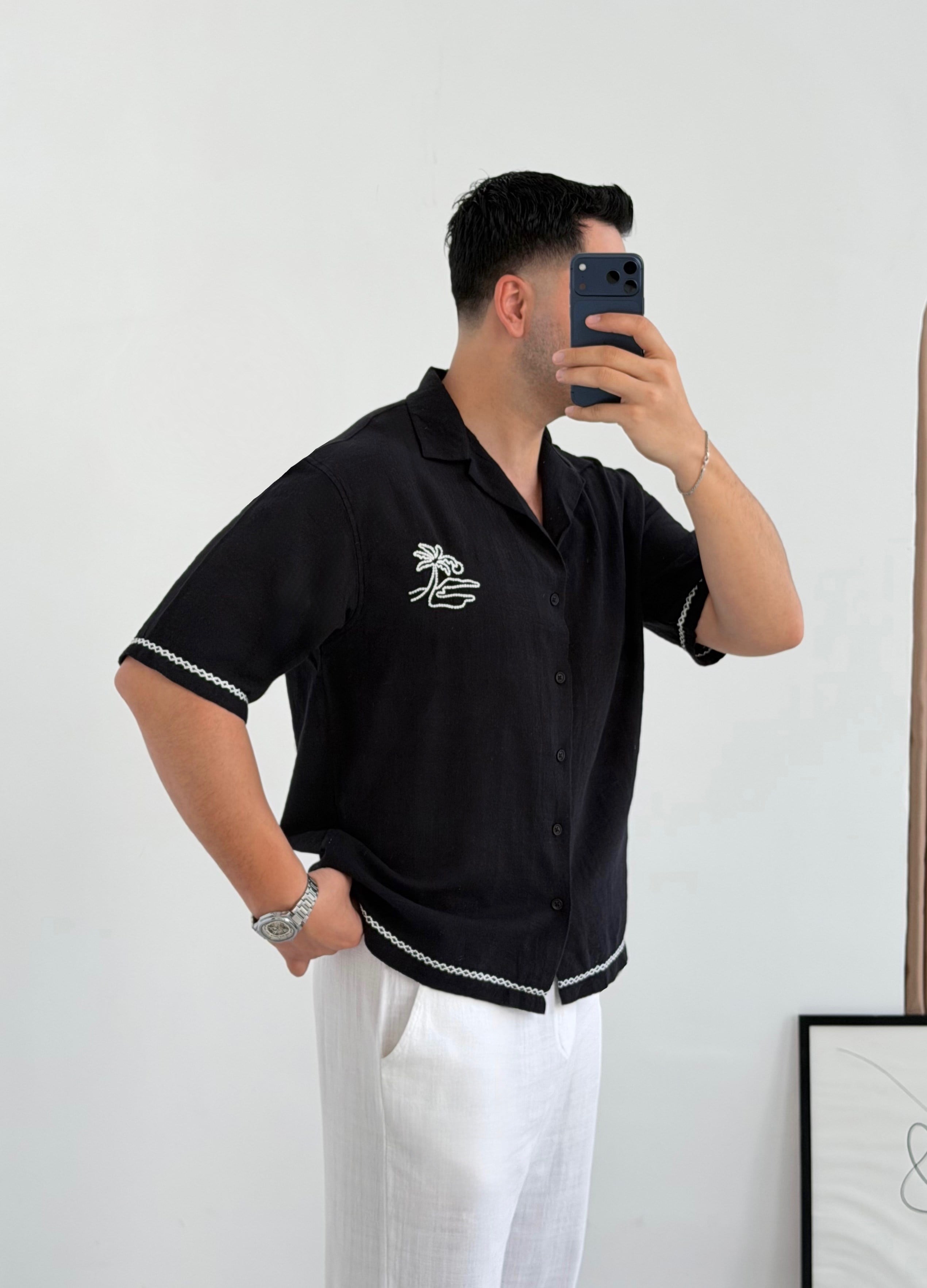 Bohem Siyah Keten Gömlek 