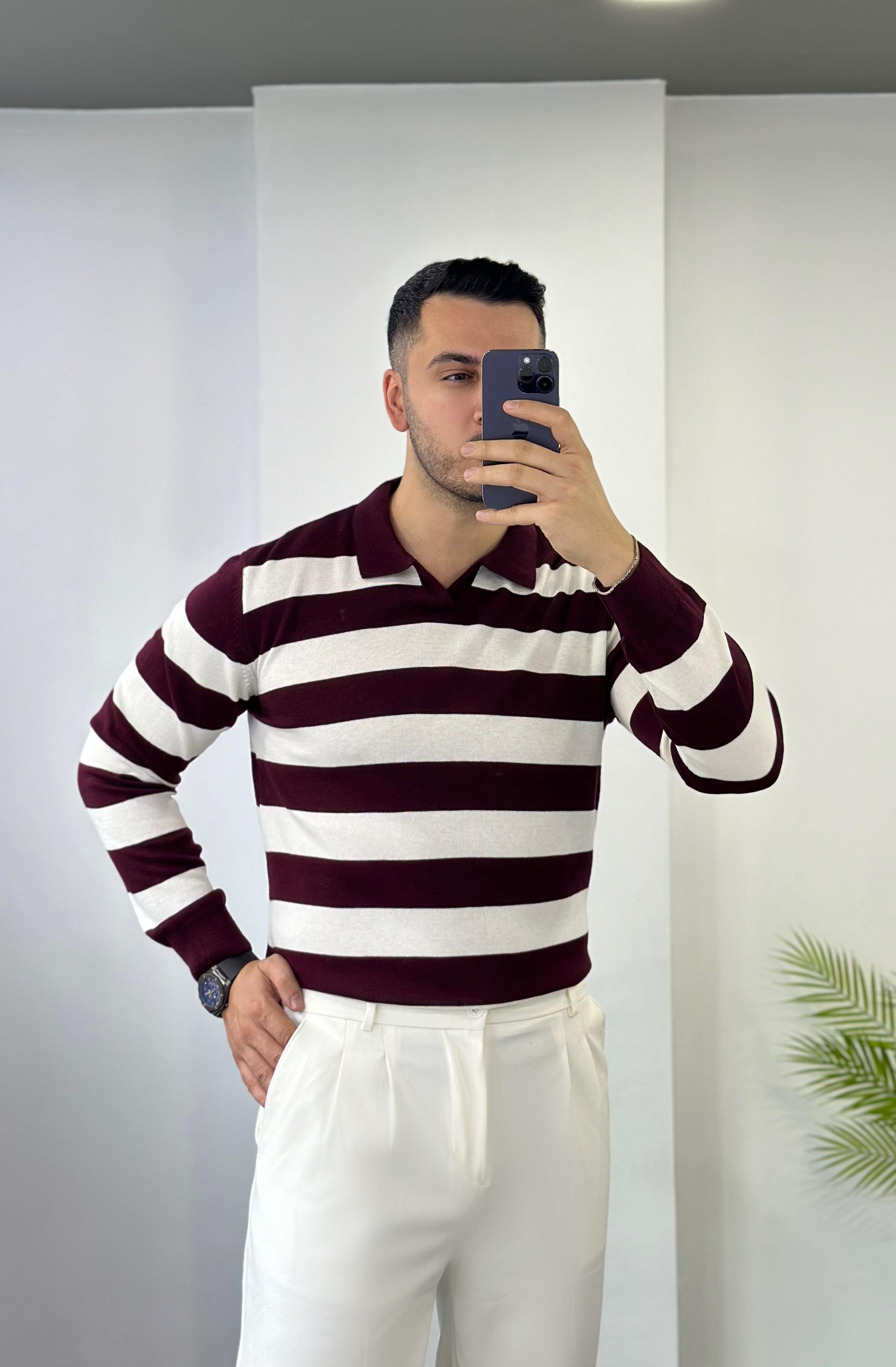 Bordo Beyaz Çizgi Triko Kazak