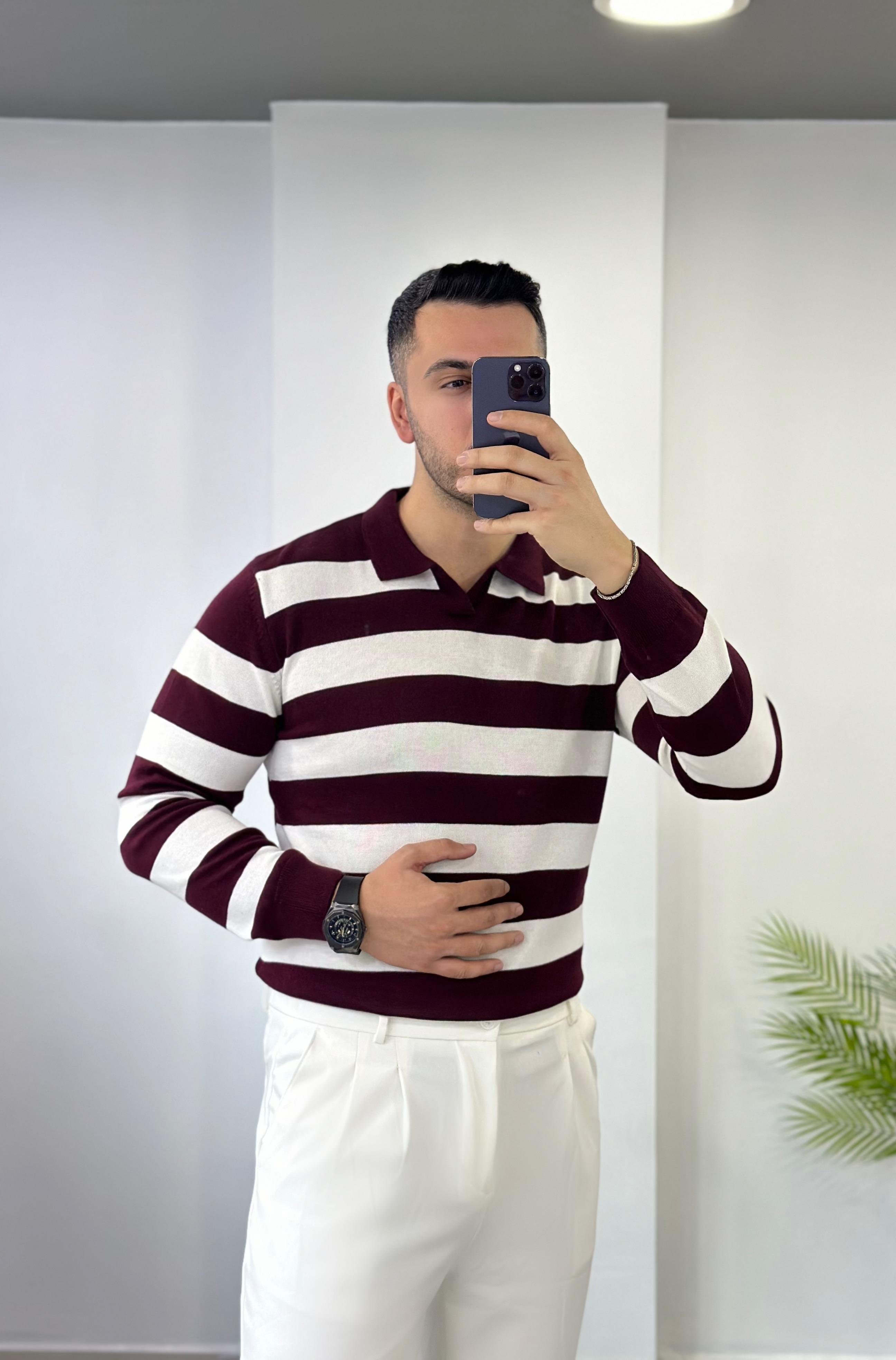 Bordo Beyaz Çizgi Triko Kazak