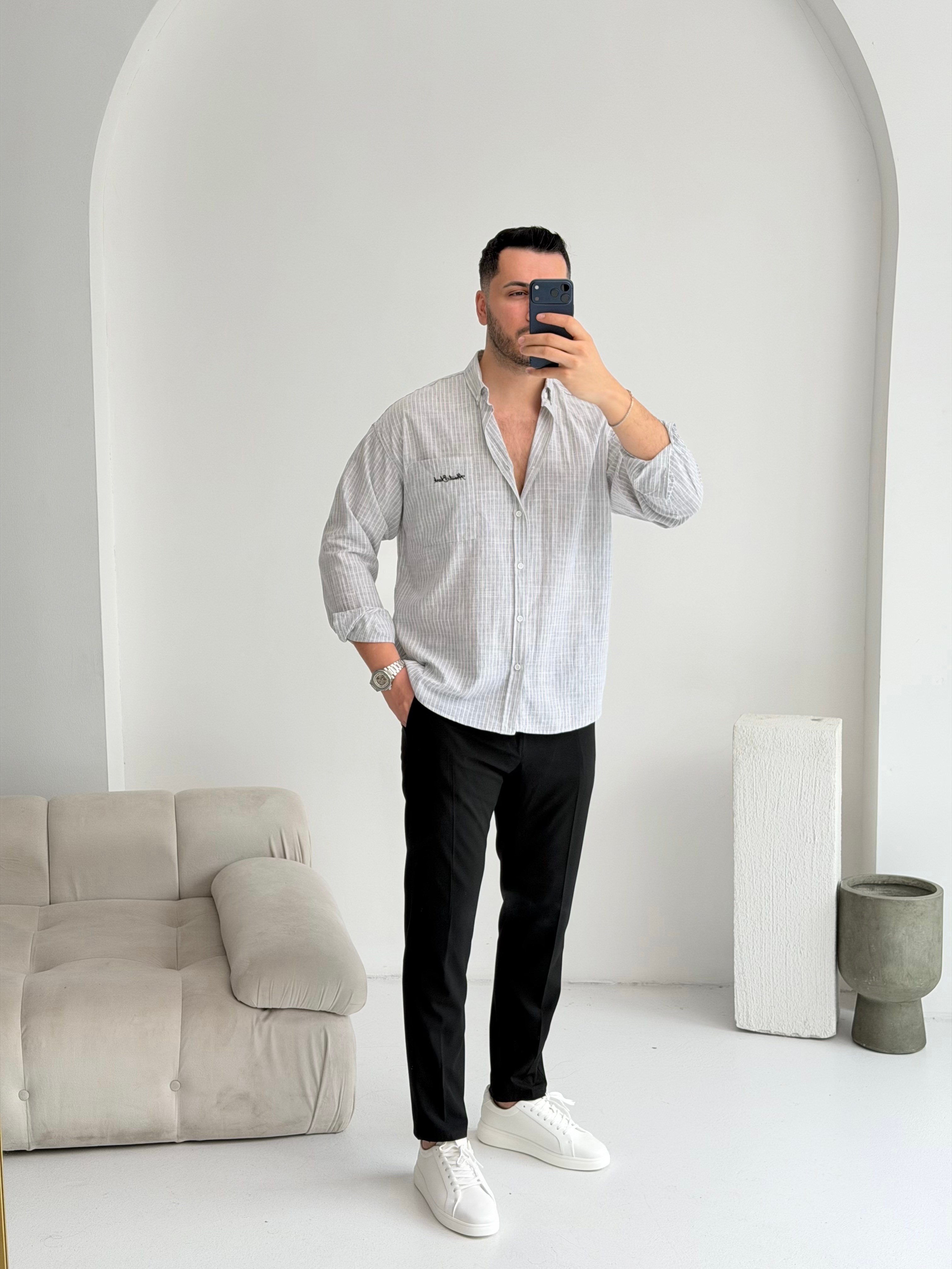 Cep Nakışlı Gri Oversize Keten Gömlek