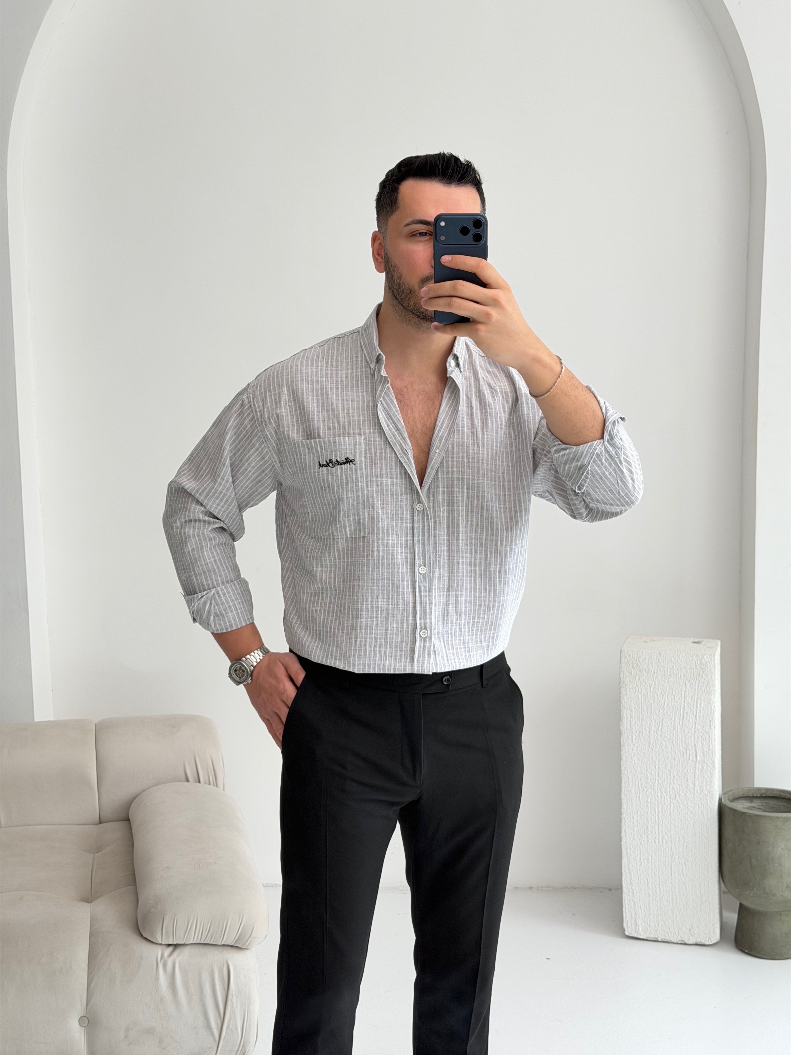 Cep Nakışlı Gri Oversize Keten Gömlek