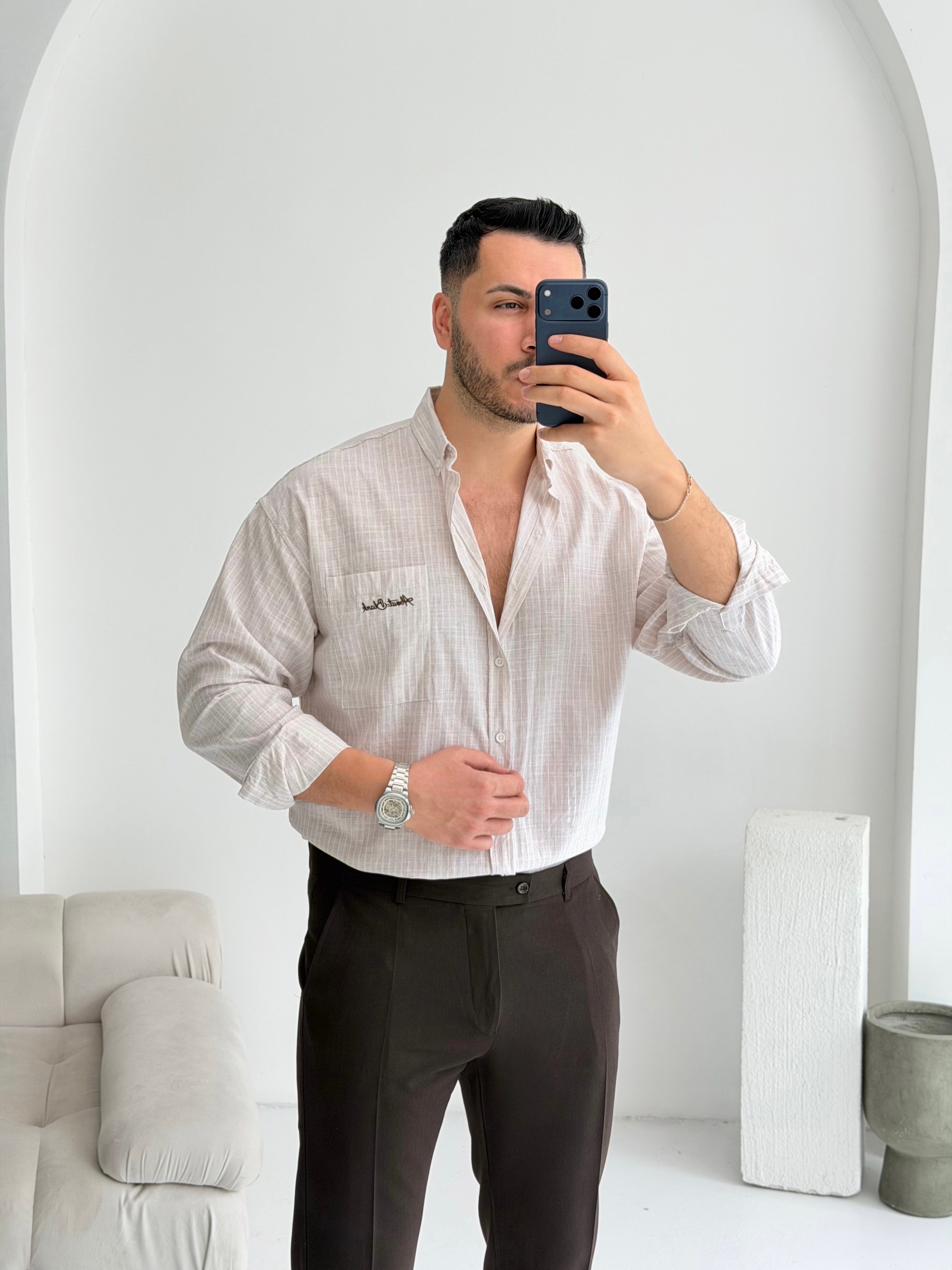 Cep Nakışlı Kahve Oversize Keten Gömlek