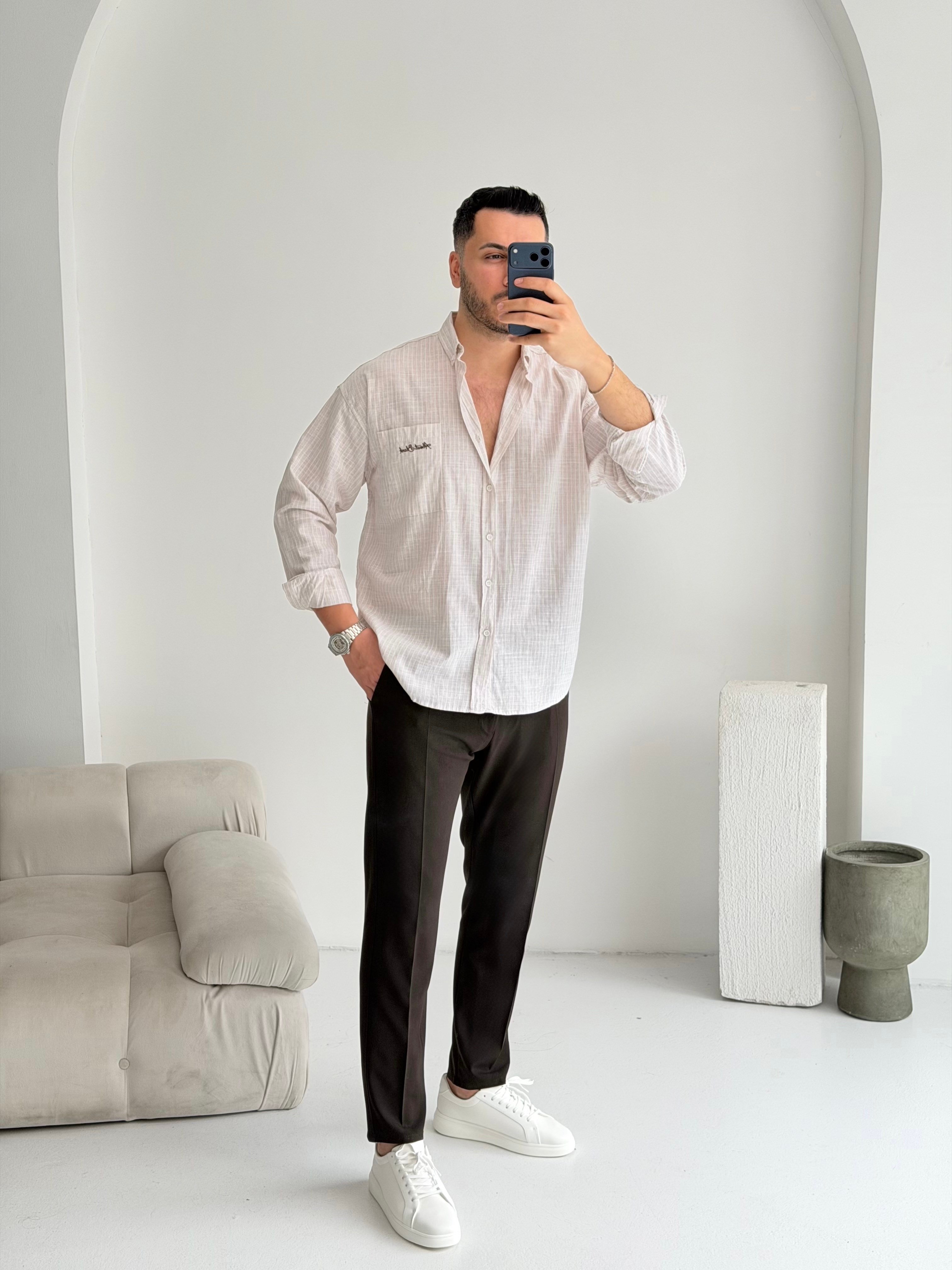 Cep Nakışlı Kahve Oversize Keten Gömlek