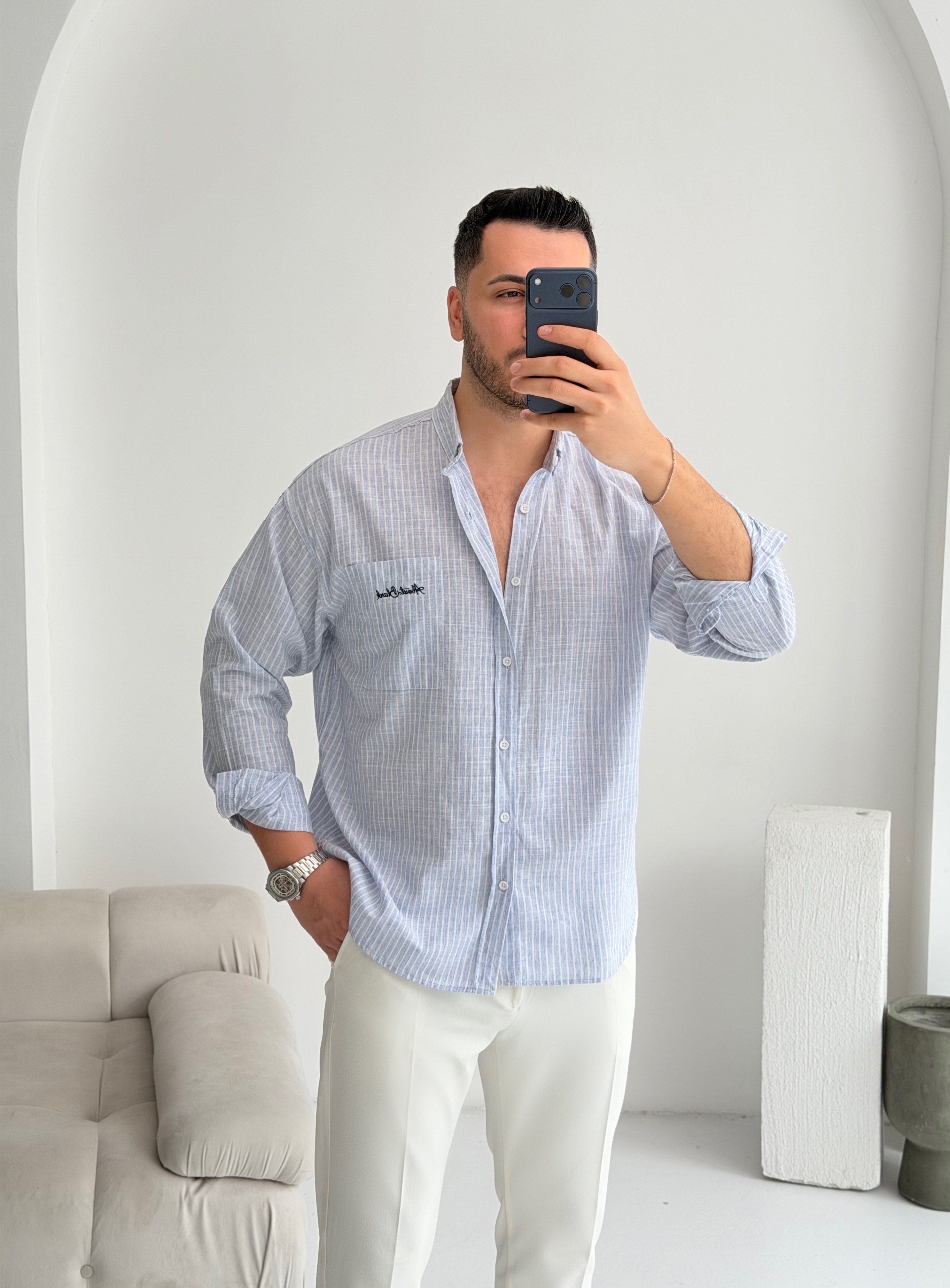 Cep Nakışlı Mavi Oversize Keten Gömlek