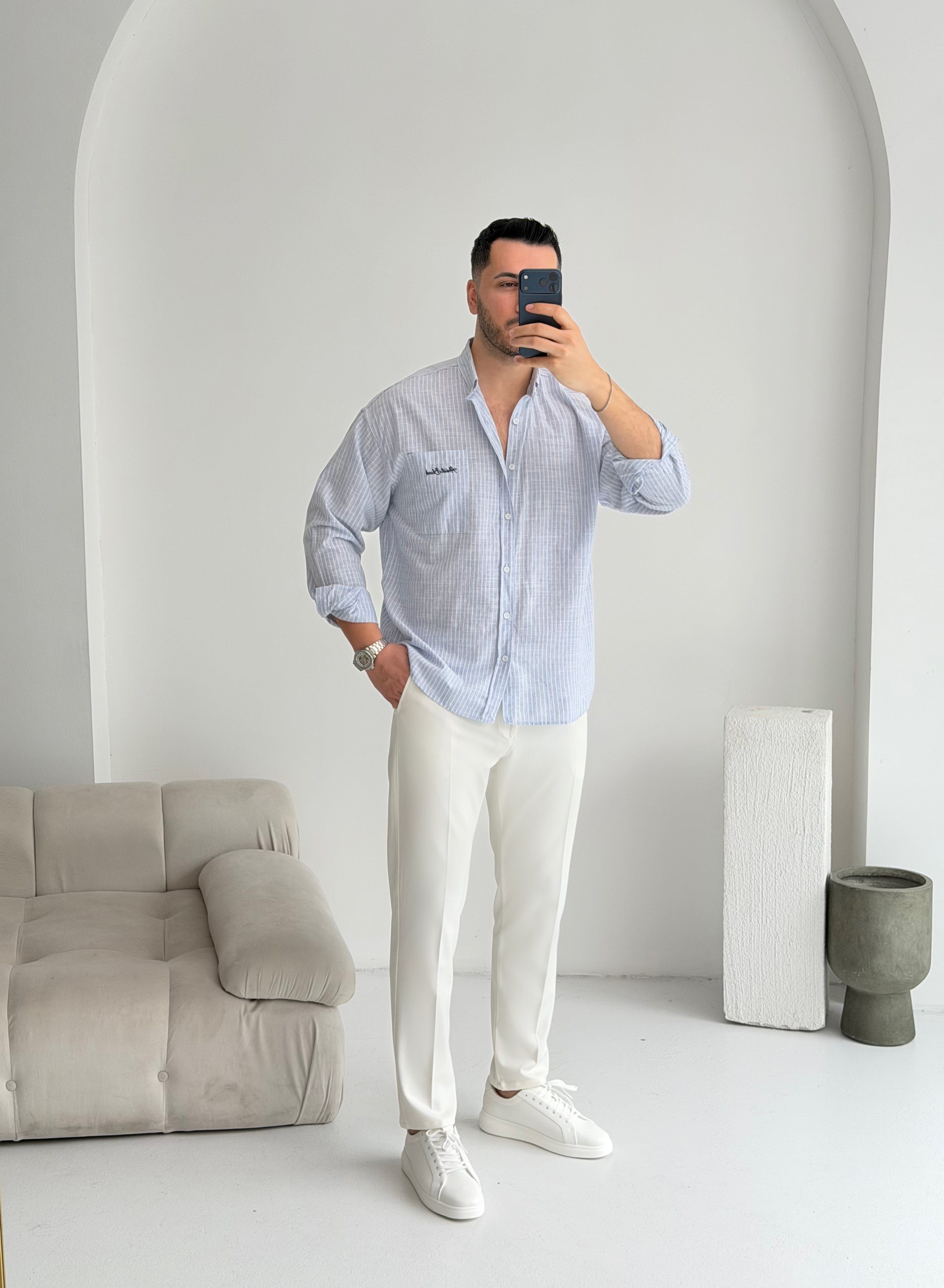 Cep Nakışlı Mavi Oversize Keten Gömlek