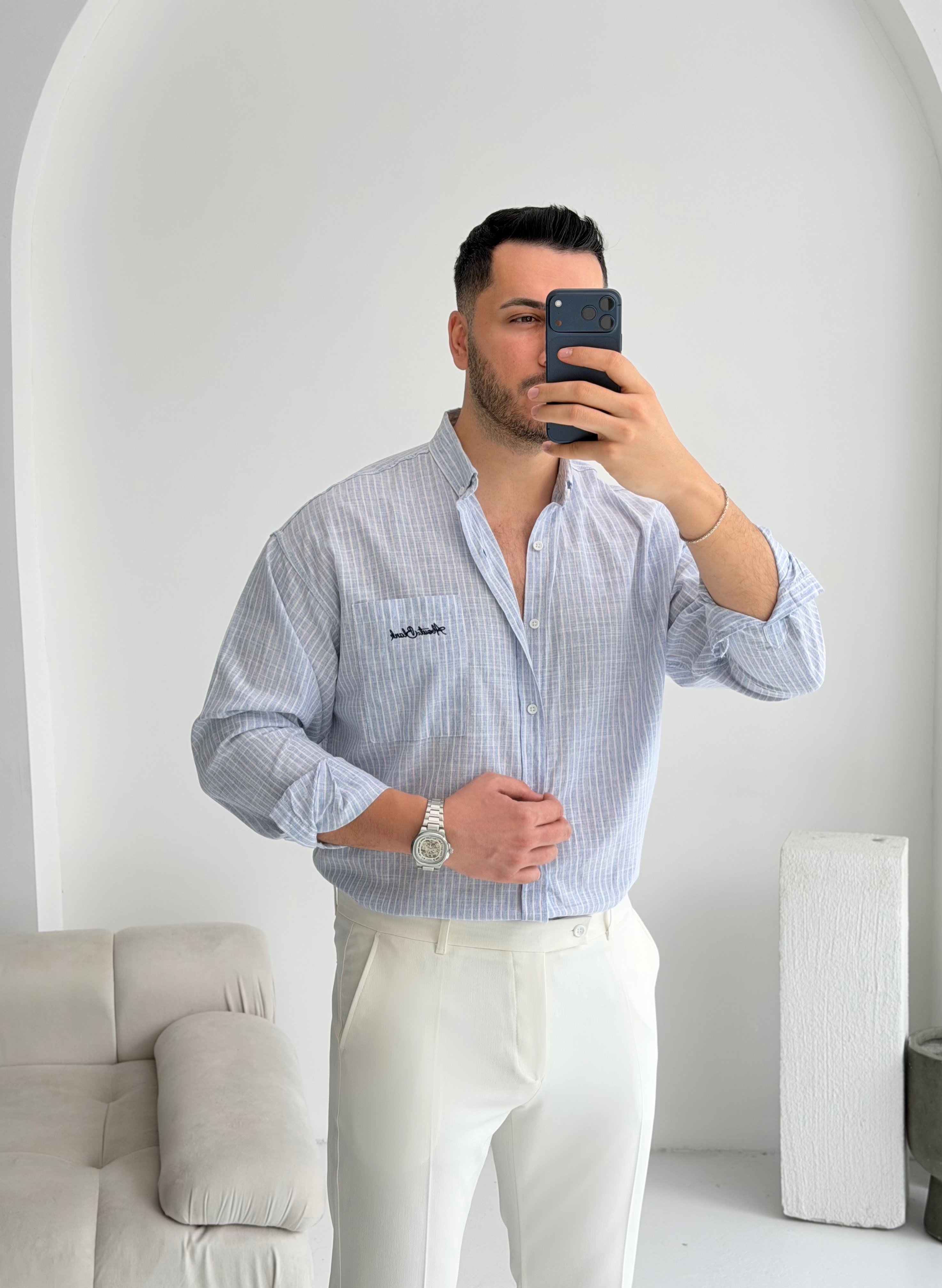 Cep Nakışlı Mavi Oversize Keten Gömlek