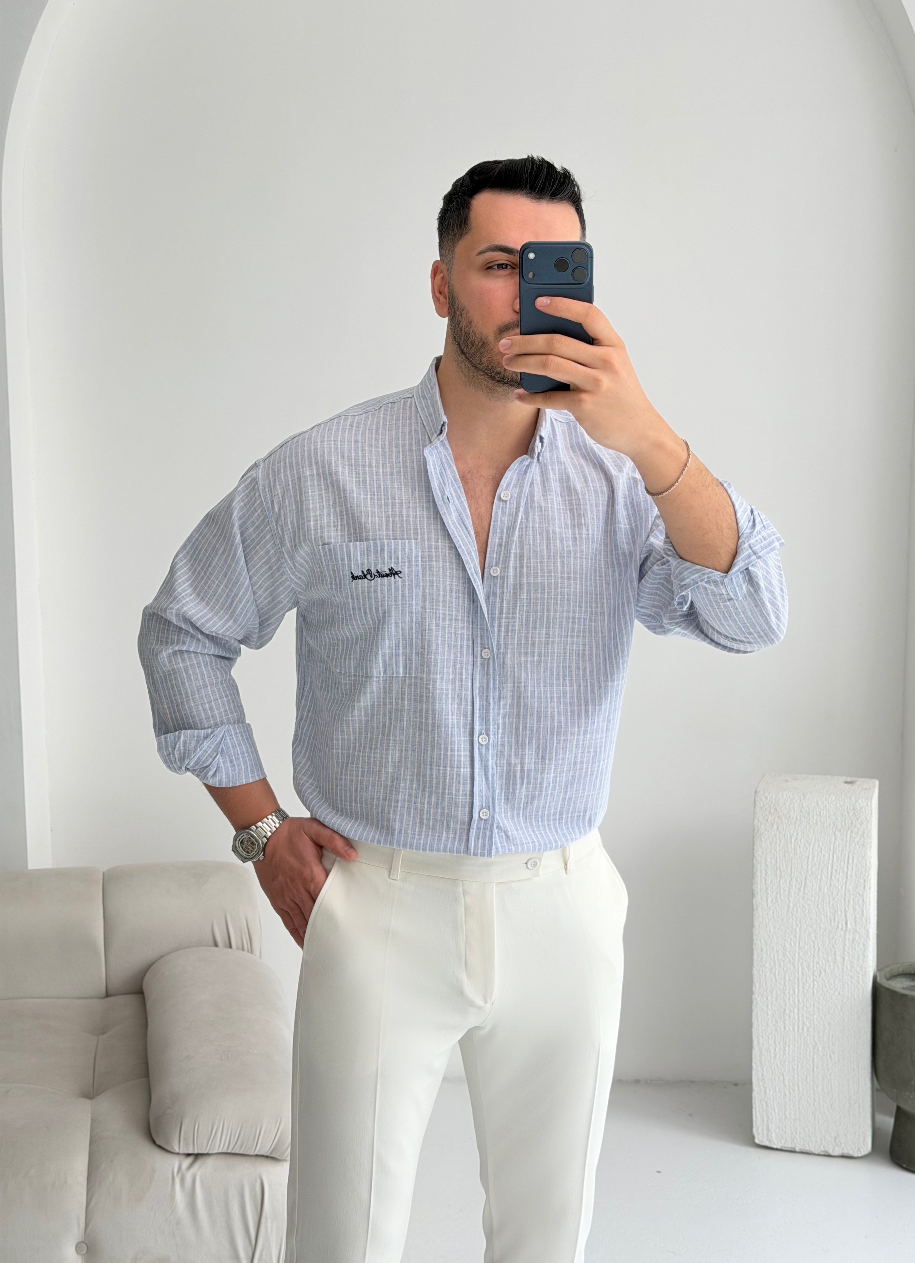 Cep Nakışlı Mavi Oversize Keten Gömlek