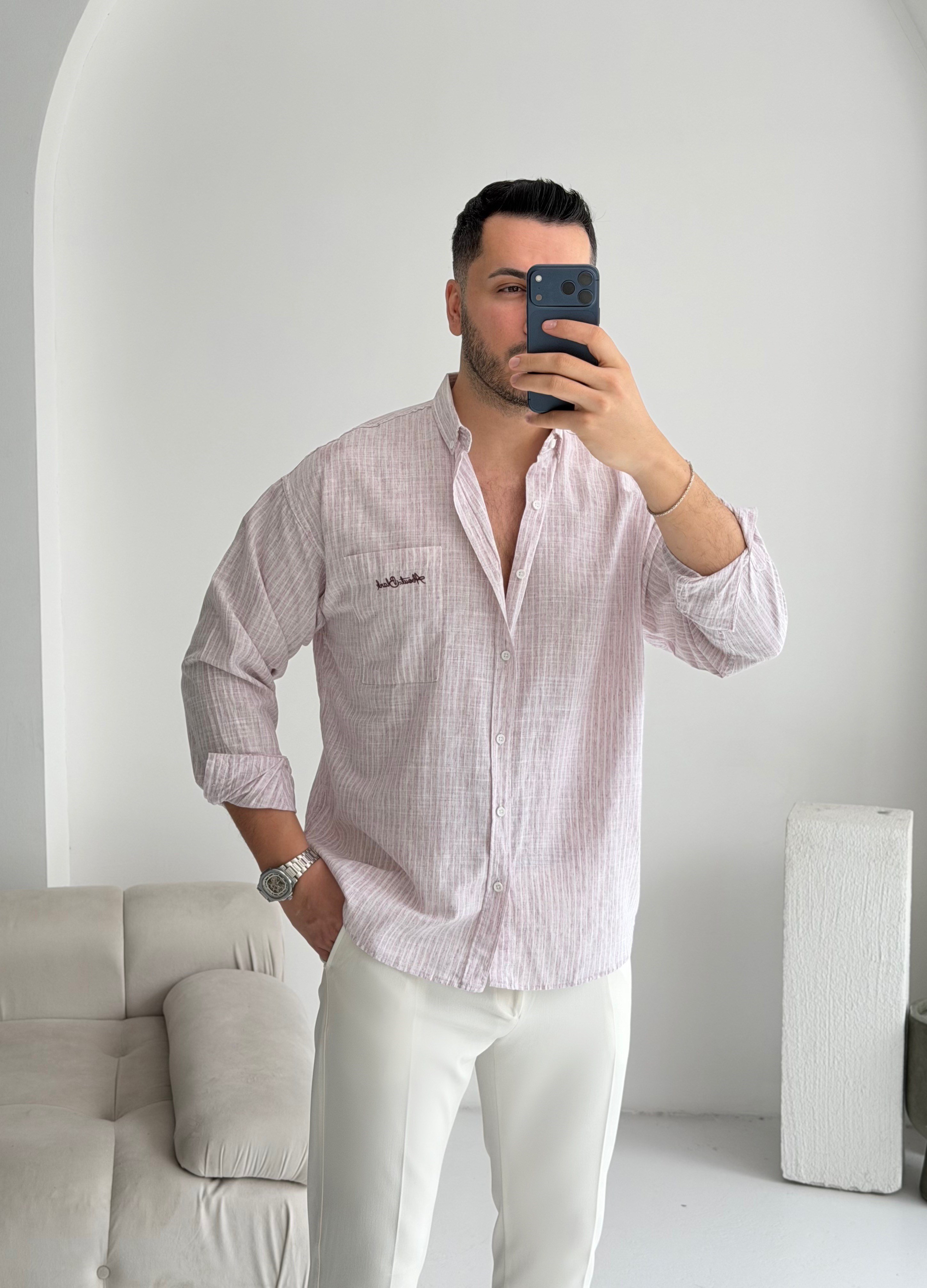 Cep Nakışlı Pudra Oversize Keten Gömlek