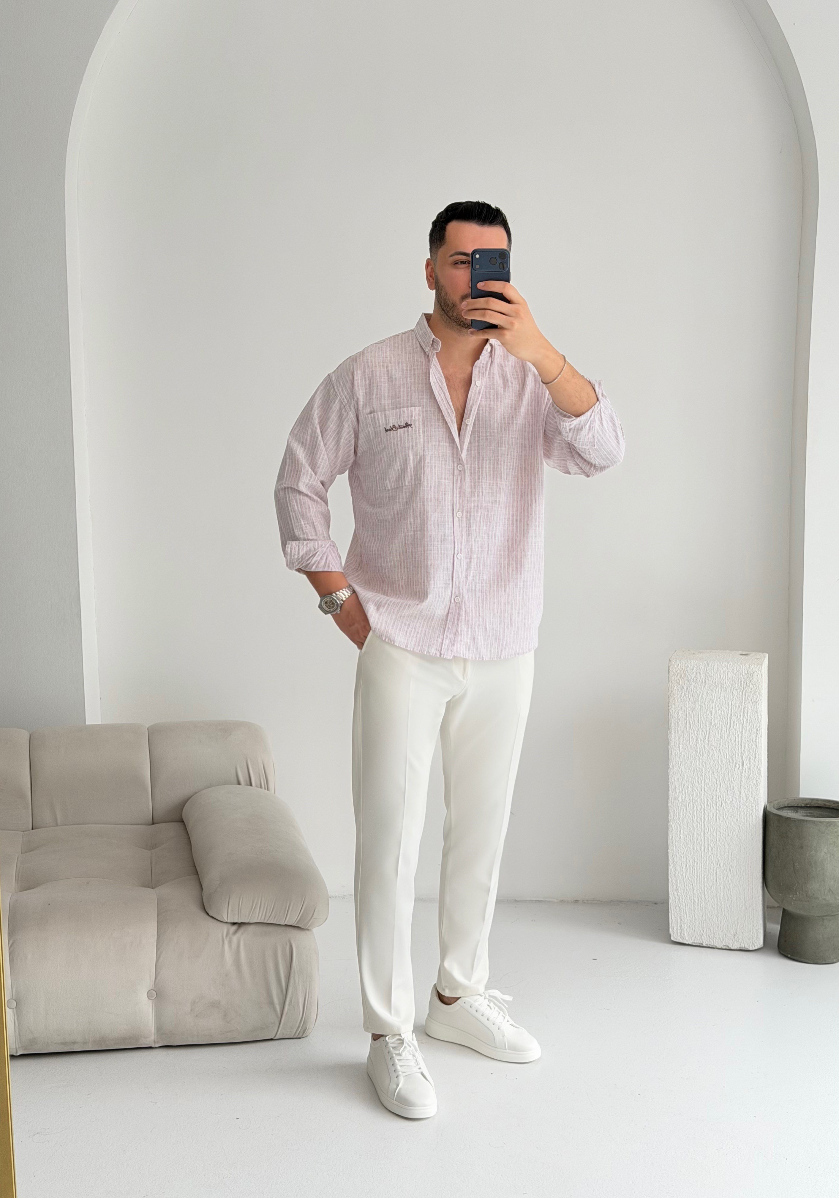 Cep Nakışlı Pudra Oversize Keten Gömlek