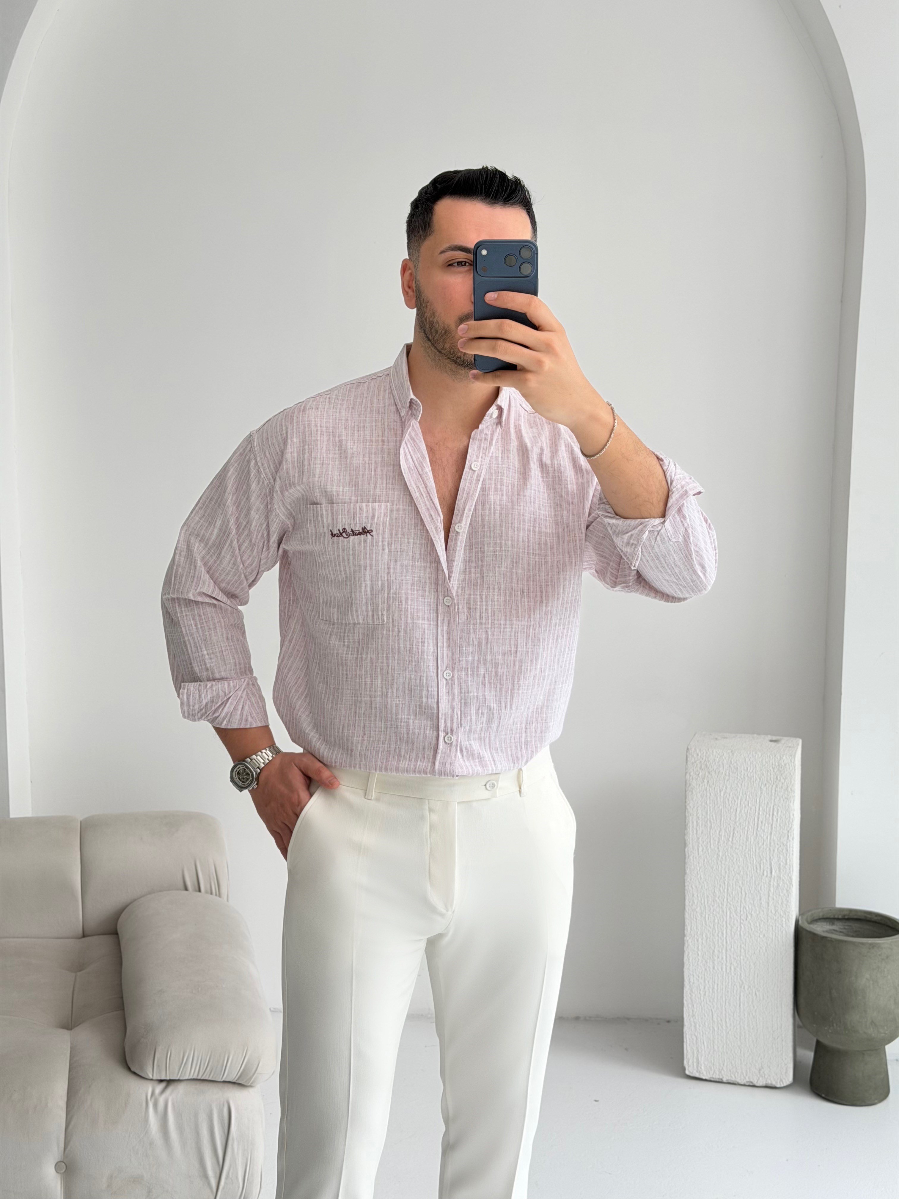 Cep Nakışlı Pudra Oversize Keten Gömlek