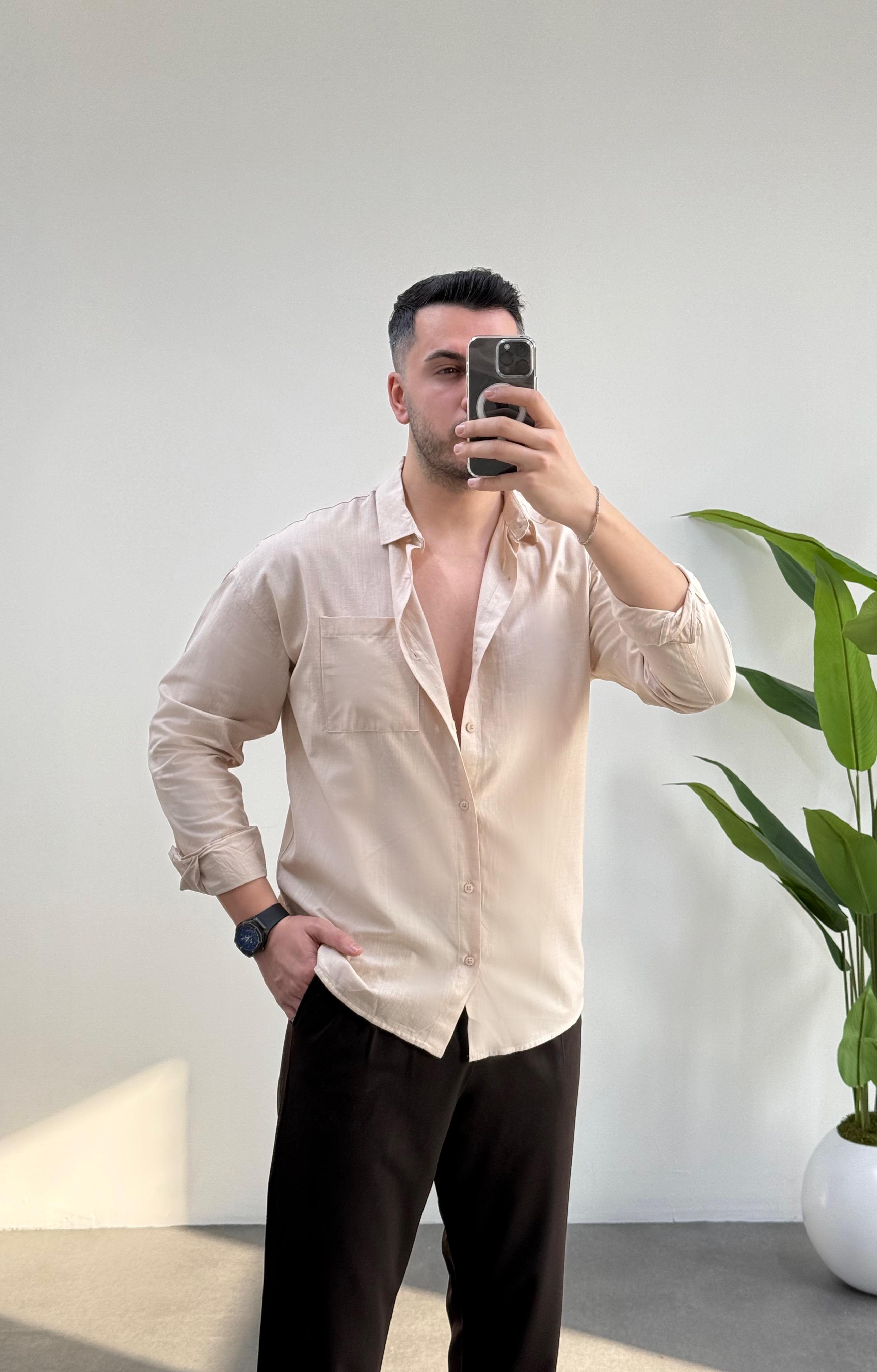 Cepli Bej Oversize Keten Gömlek