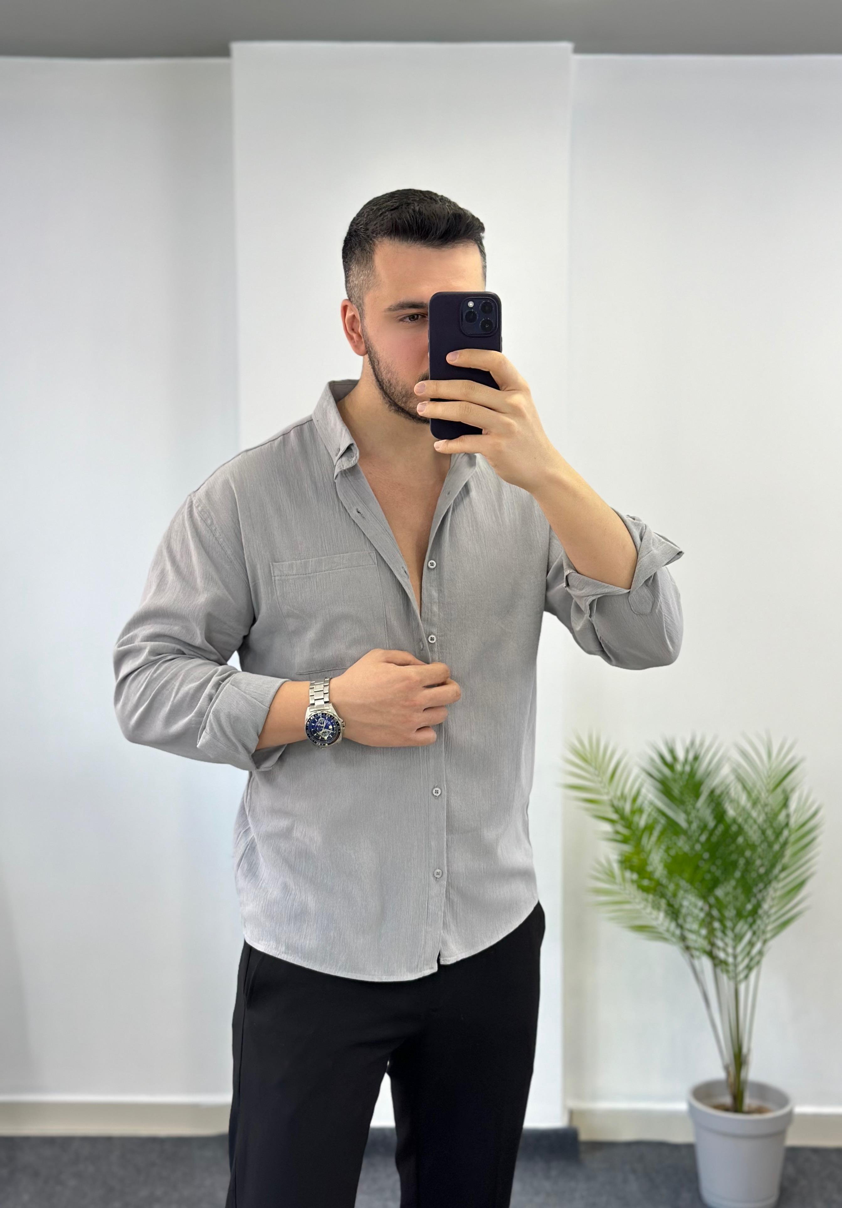Cepli Gri Oversize Keten Gömlek