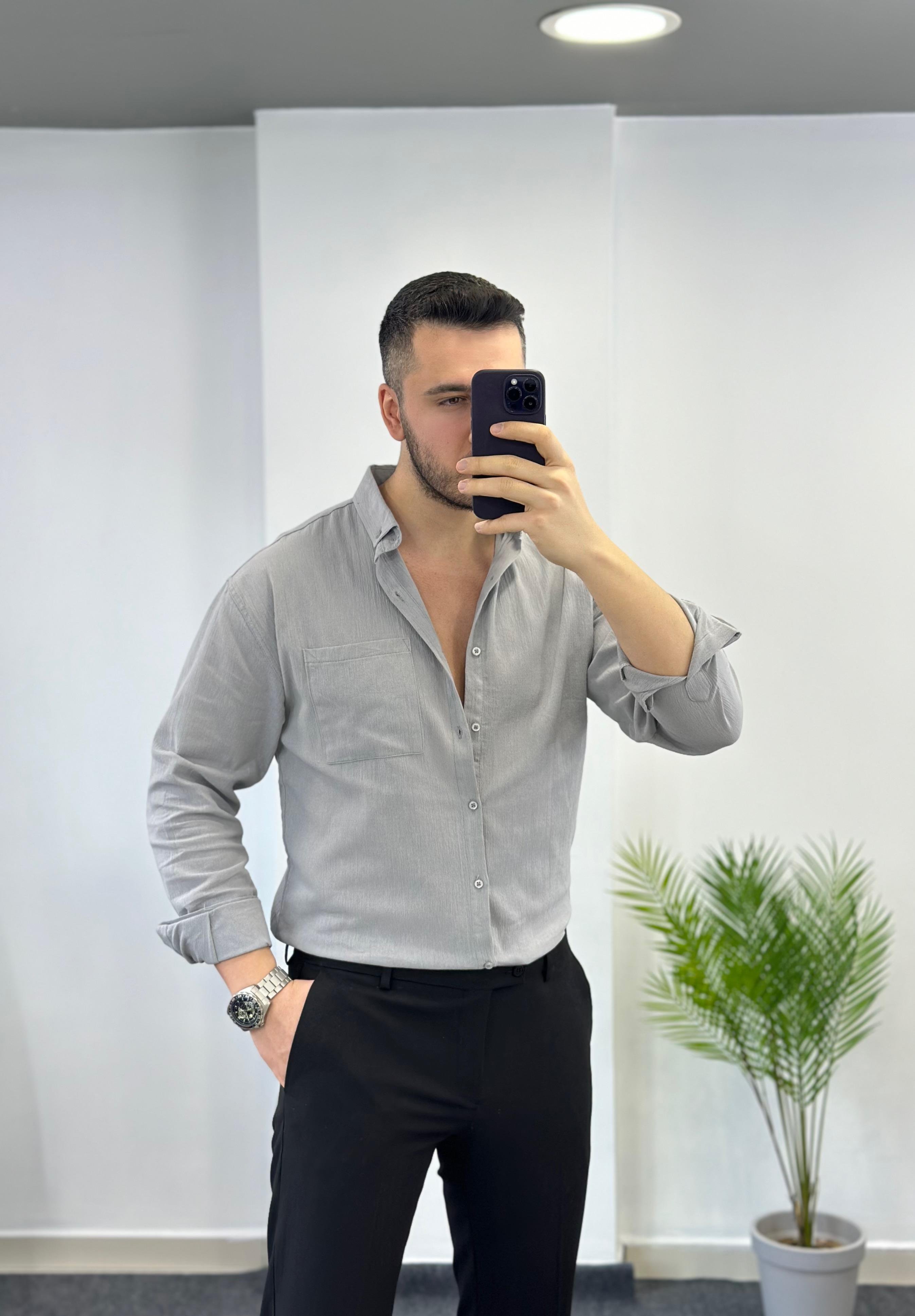 Cepli Gri Oversize Keten Gömlek