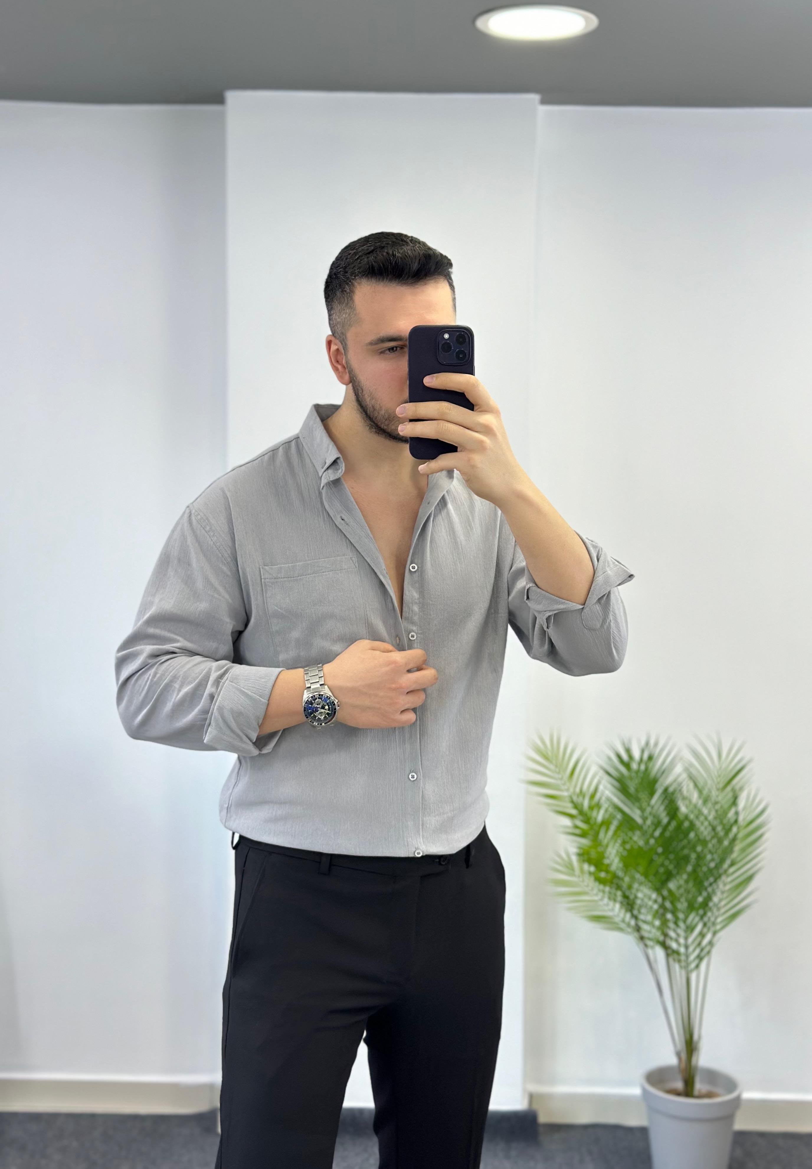 Cepli Gri Oversize Keten Gömlek