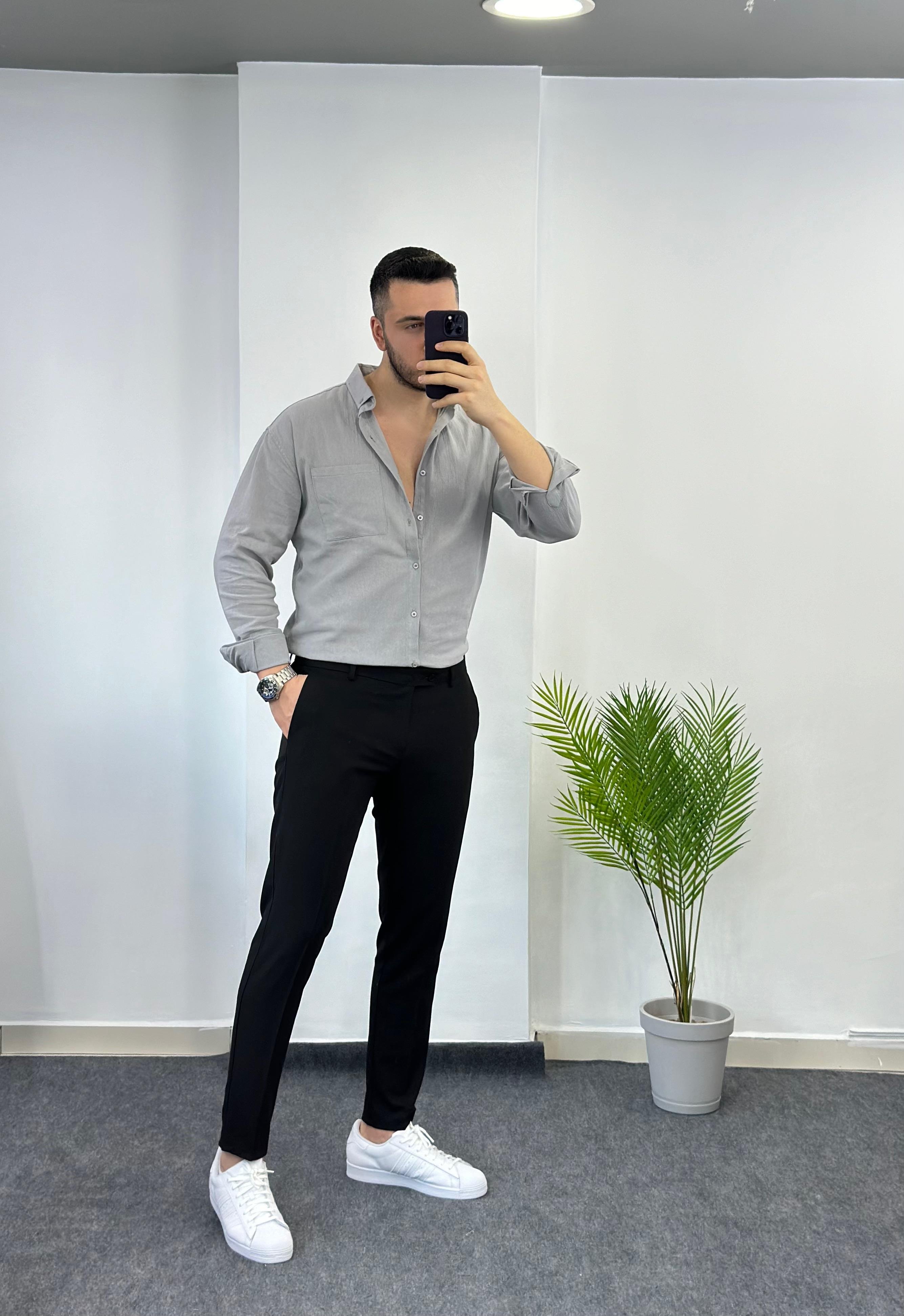 Cepli Gri Oversize Keten Gömlek