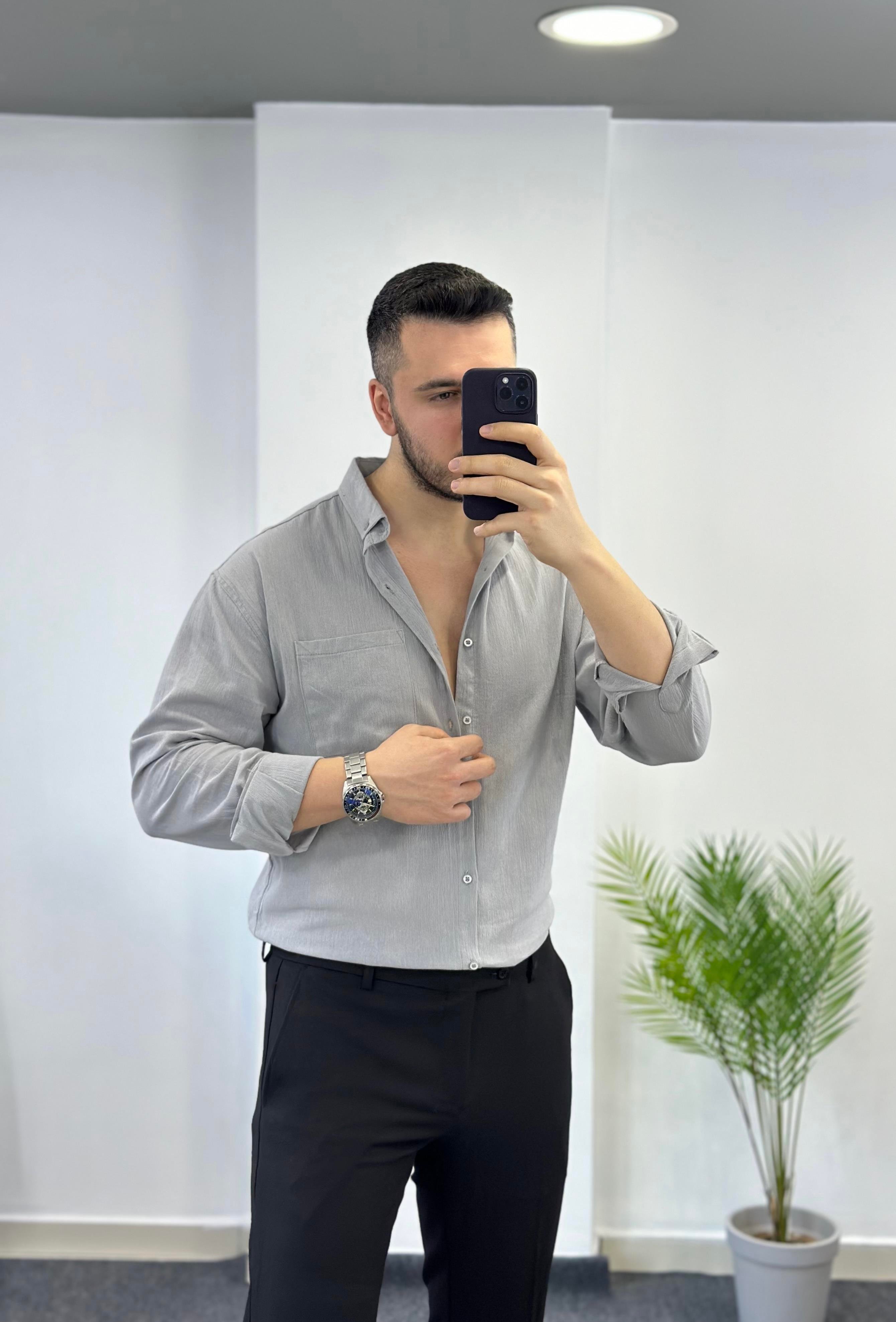 Cepli Gri Oversize Keten Gömlek