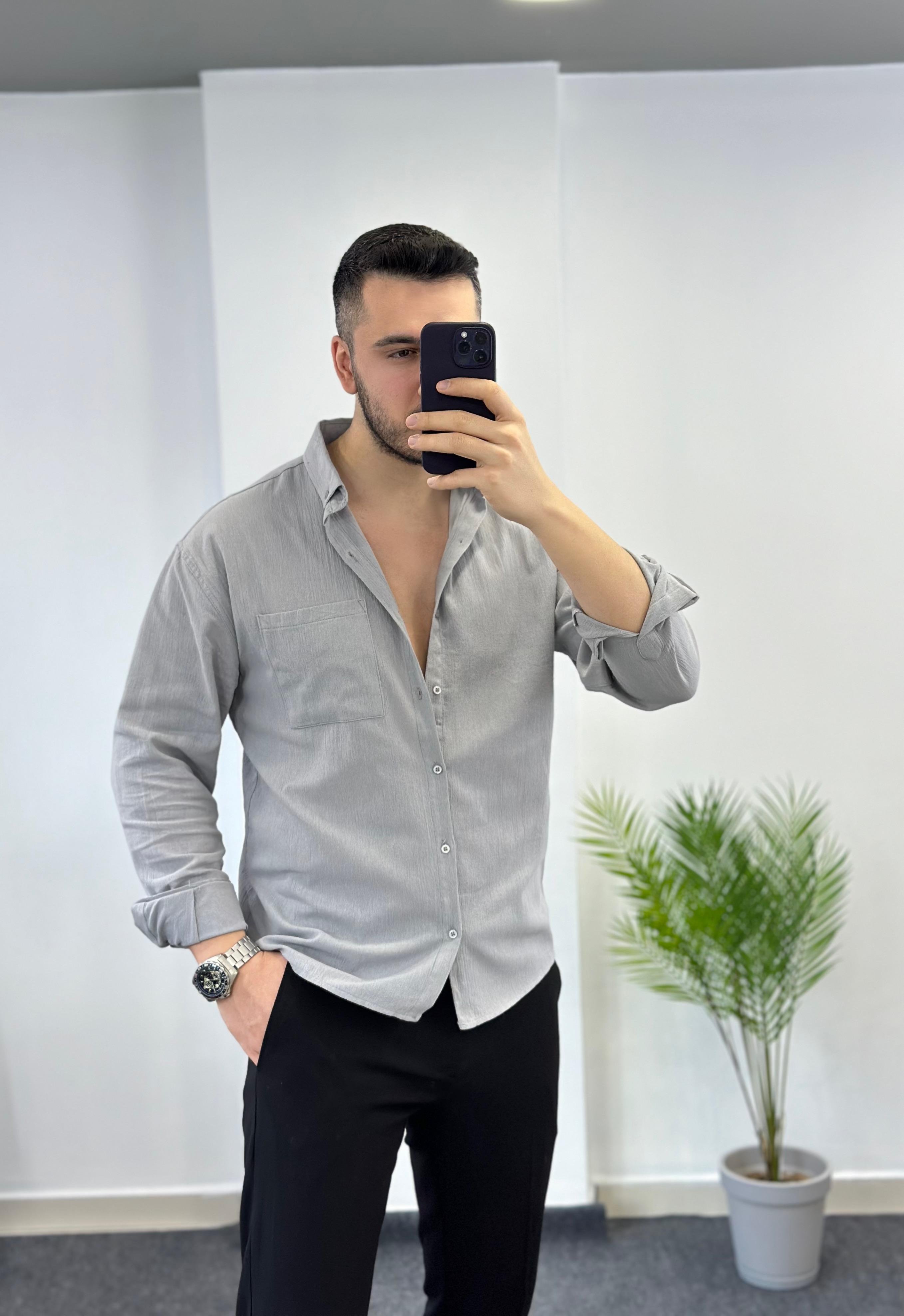 Cepli Gri Oversize Keten Gömlek