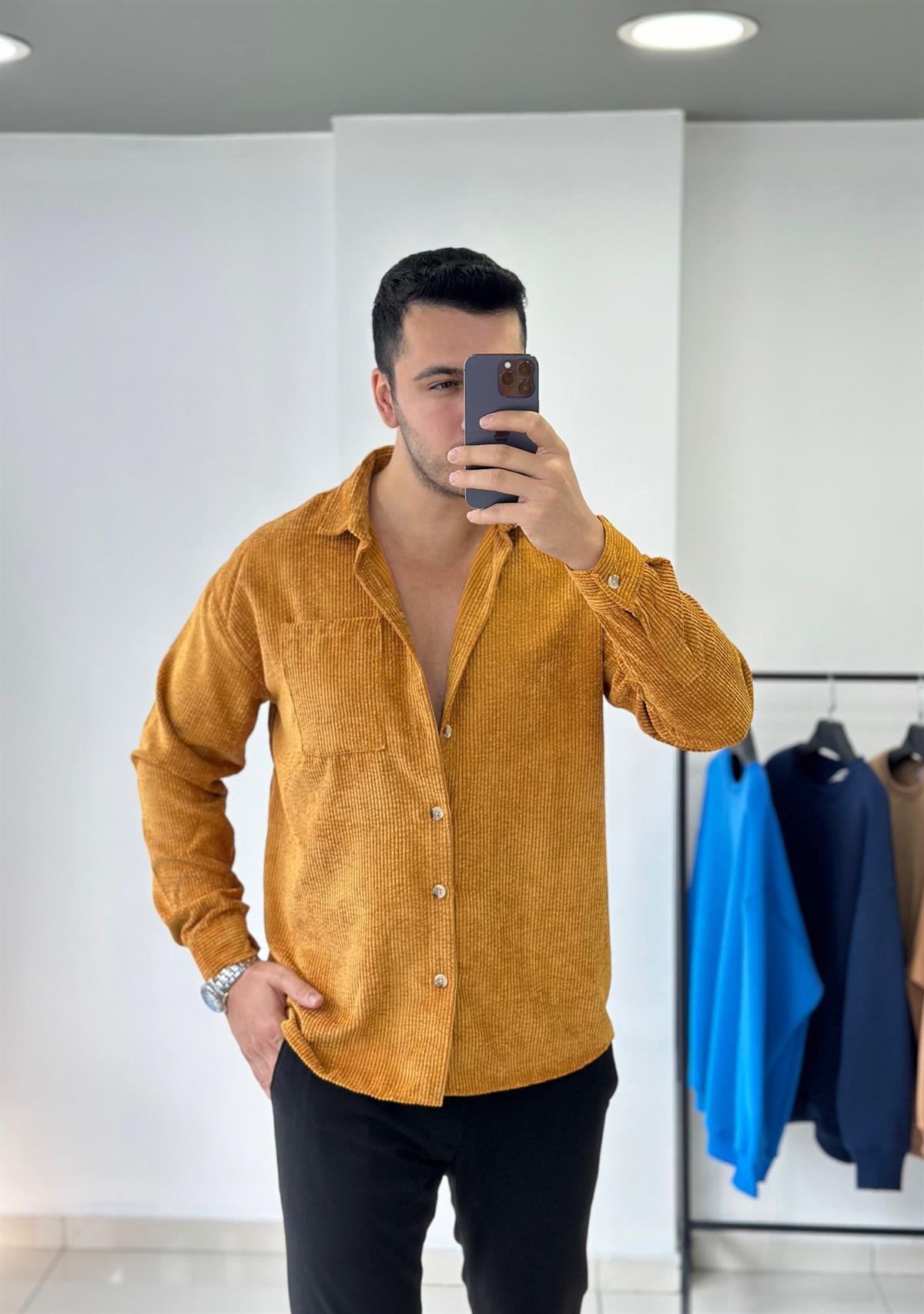 Cepli Hardal Oversize Kadife Gömlek