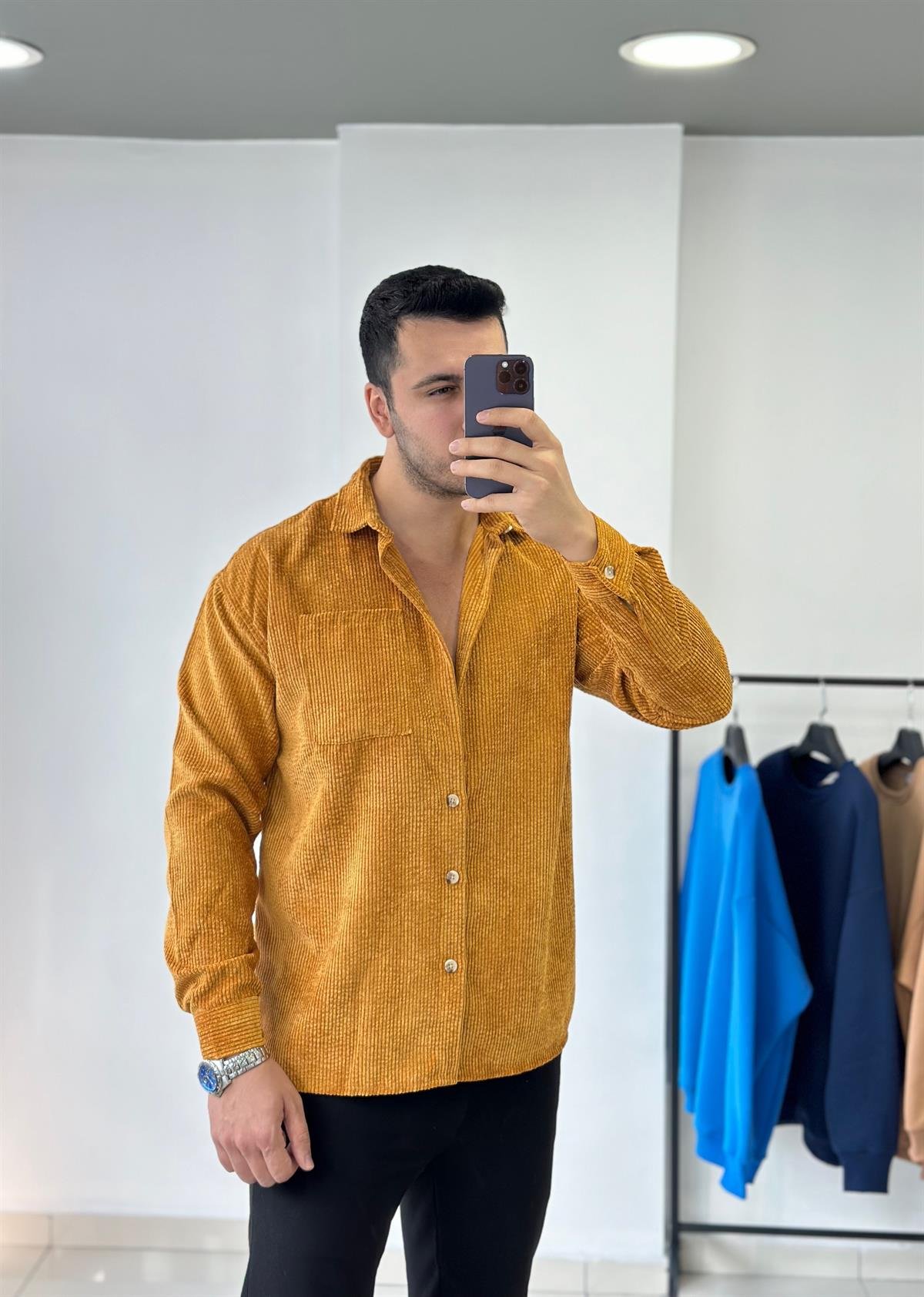 Cepli Hardal Oversize Kadife Gömlek