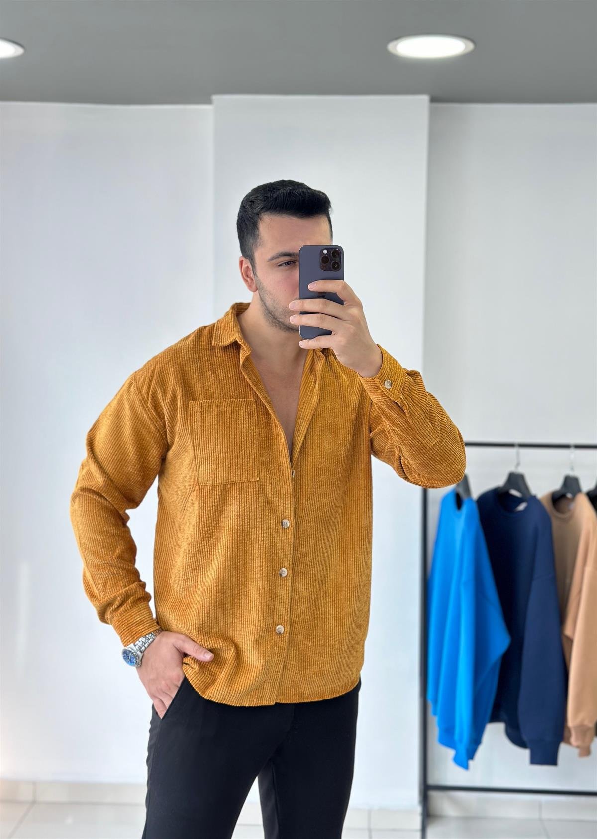 Cepli Hardal Oversize Kadife Gömlek