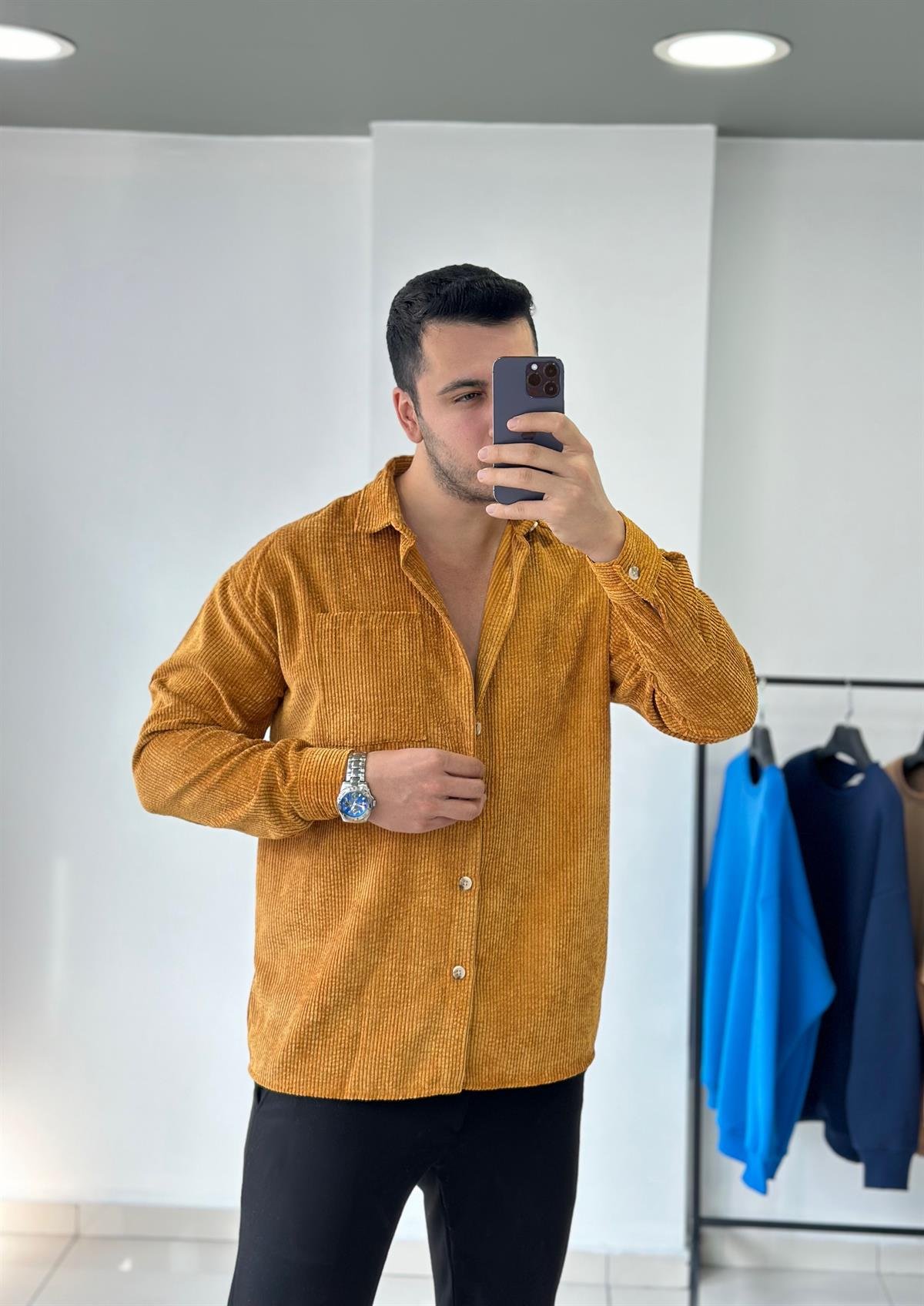 Cepli Hardal Oversize Kadife Gömlek