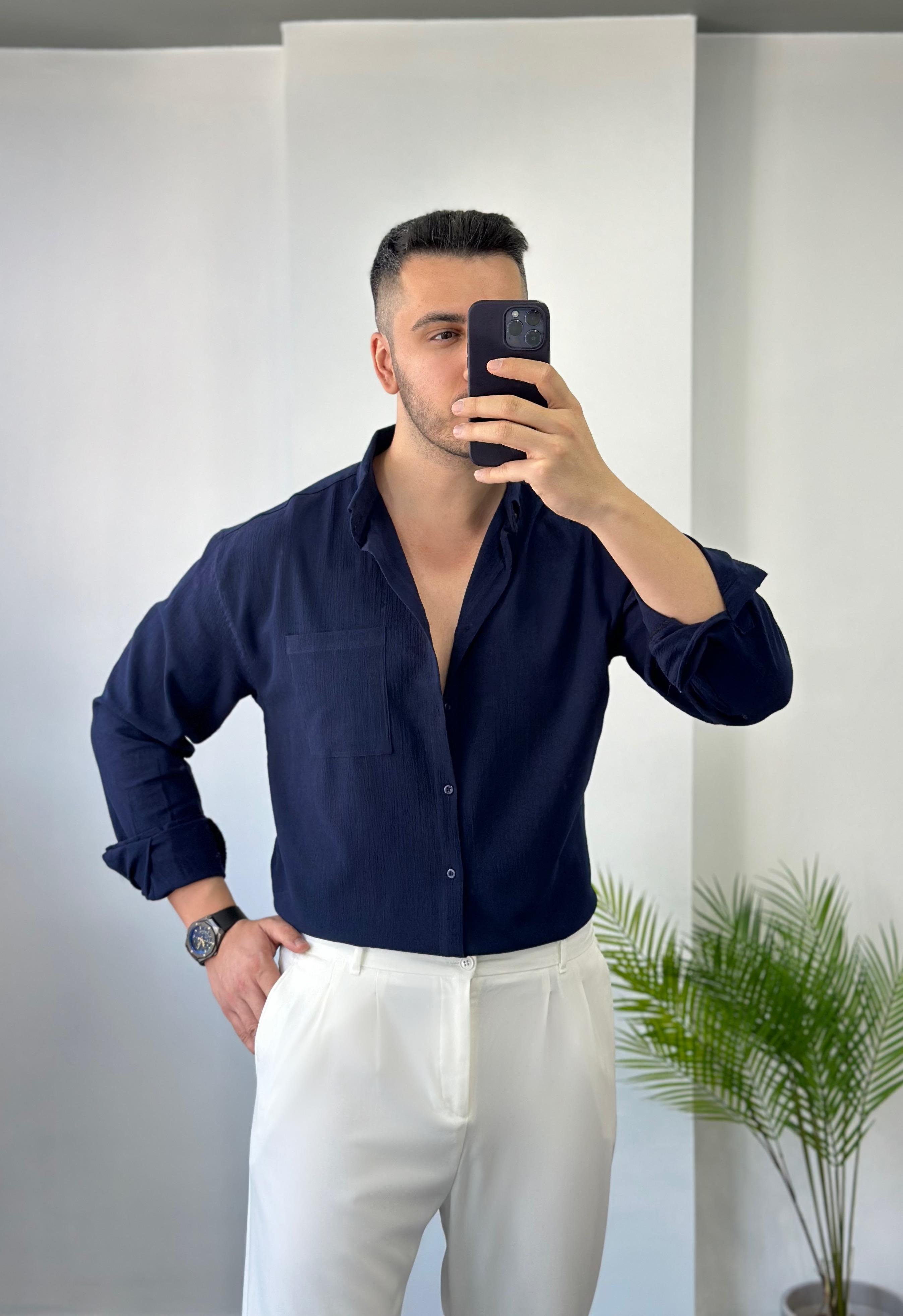 Cepli Lacivert Oversize Keten Gömlek 