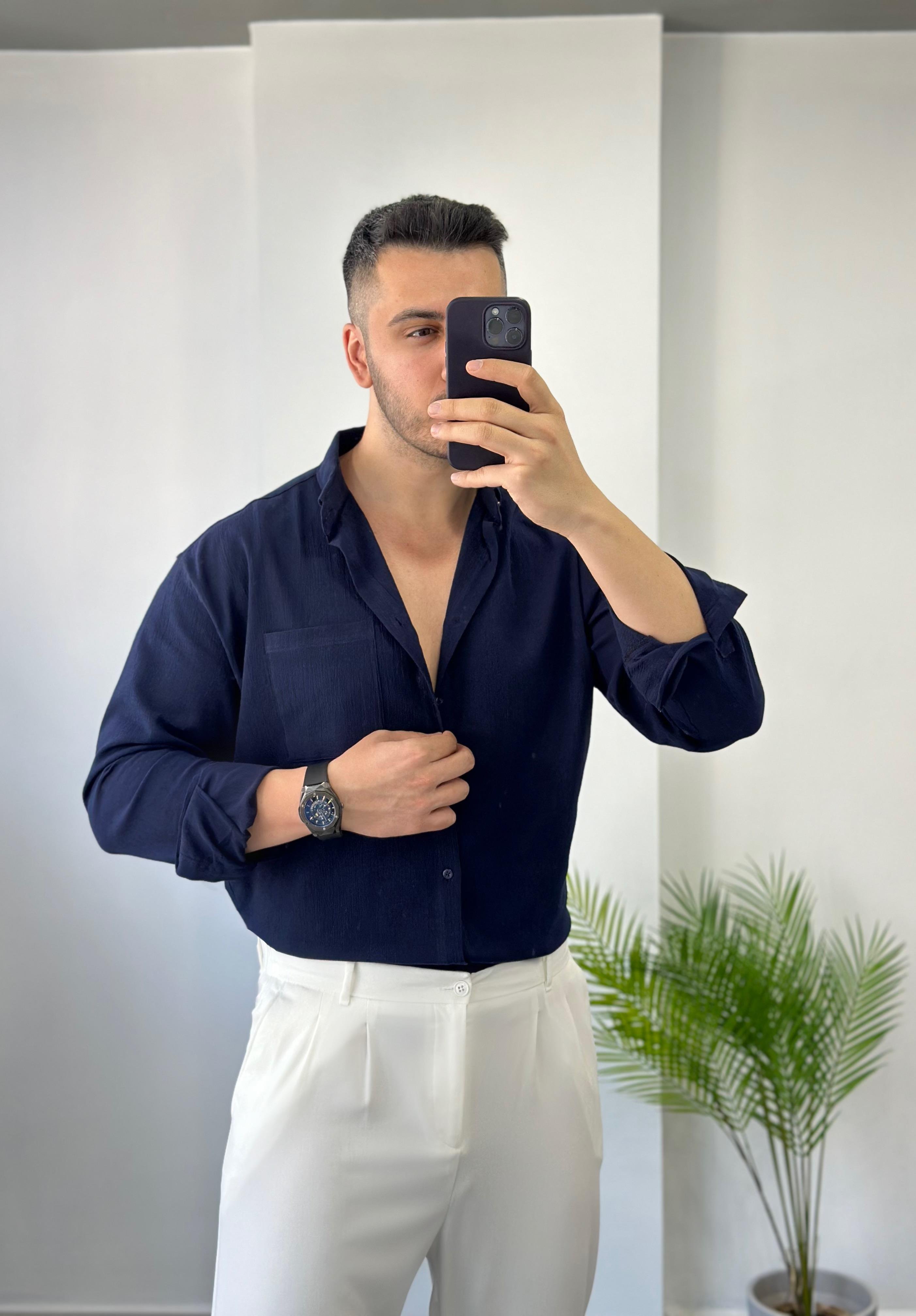 Cepli Lacivert Oversize Keten Gömlek 