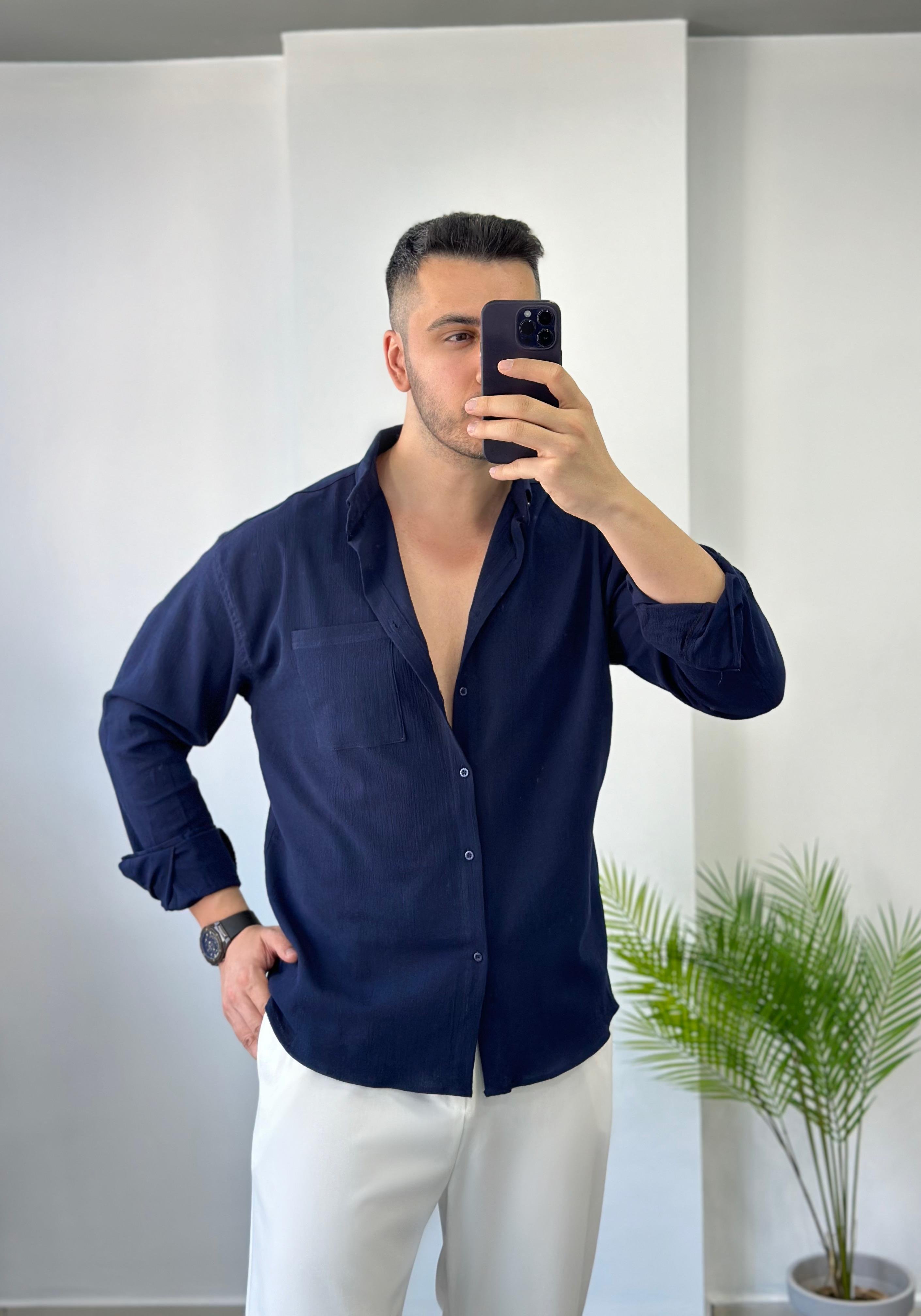 Cepli Lacivert Oversize Keten Gömlek 