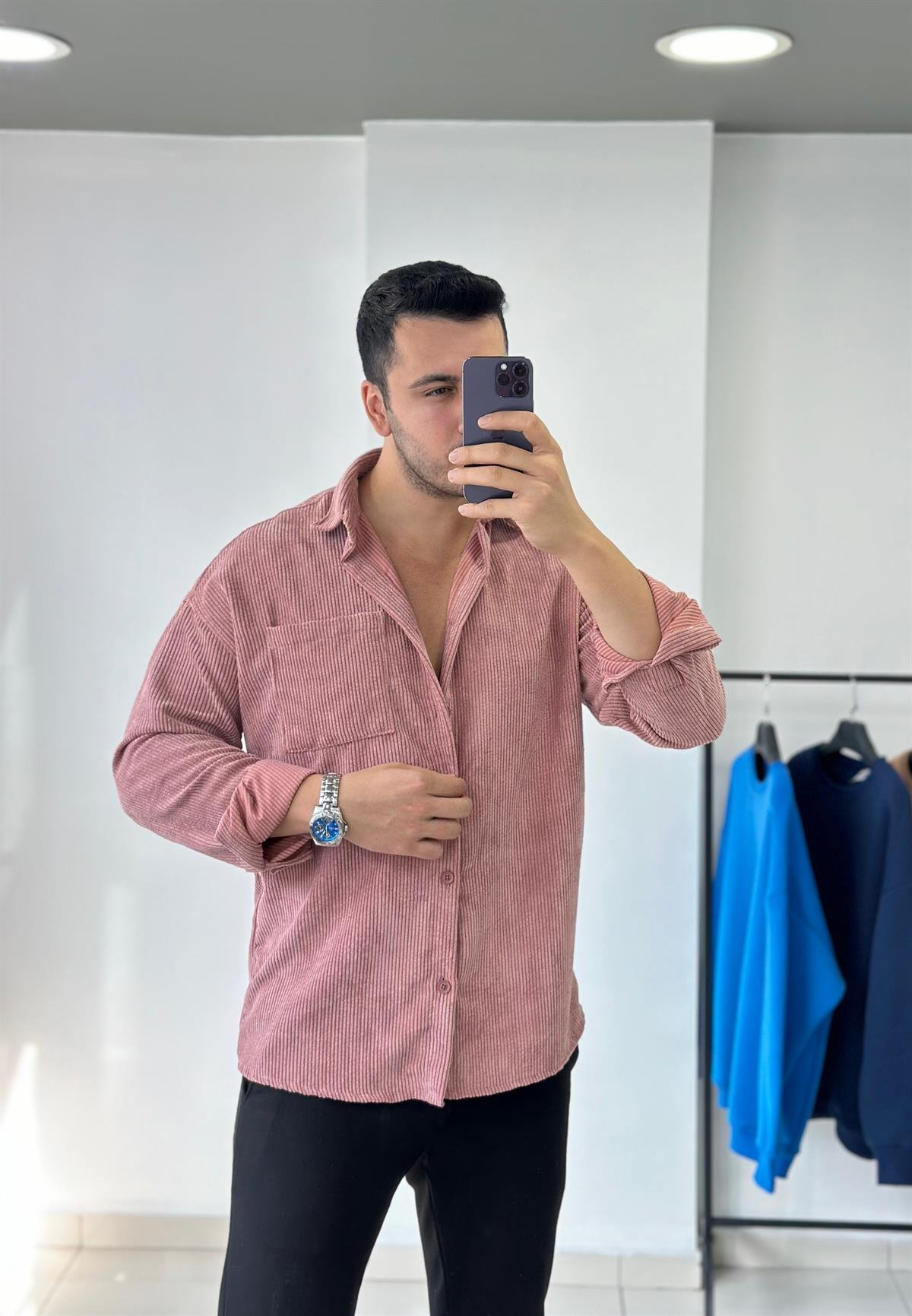 Cepli Lila Oversize Kadife Gömlek
