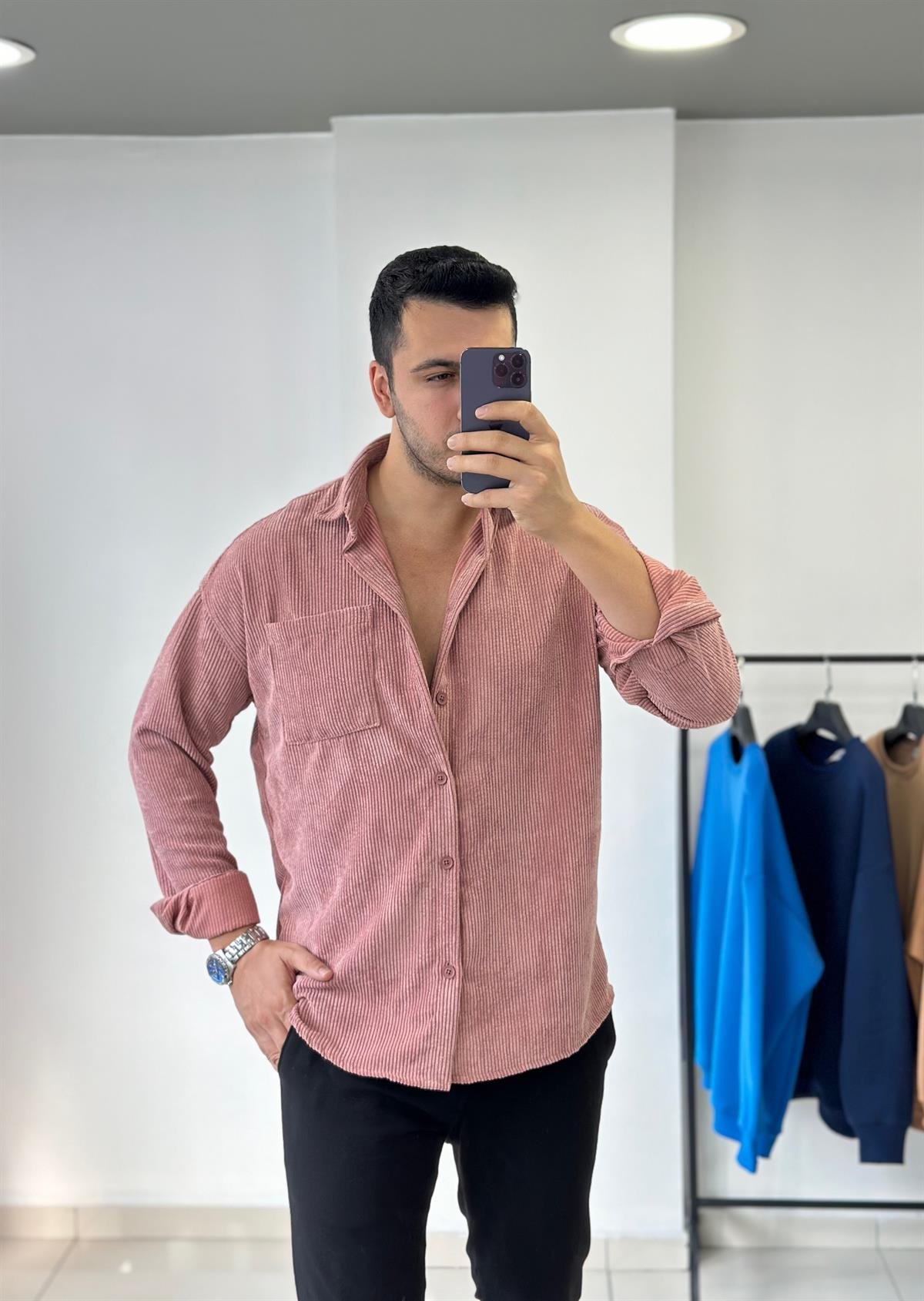 Cepli Lila Oversize Kadife Gömlek