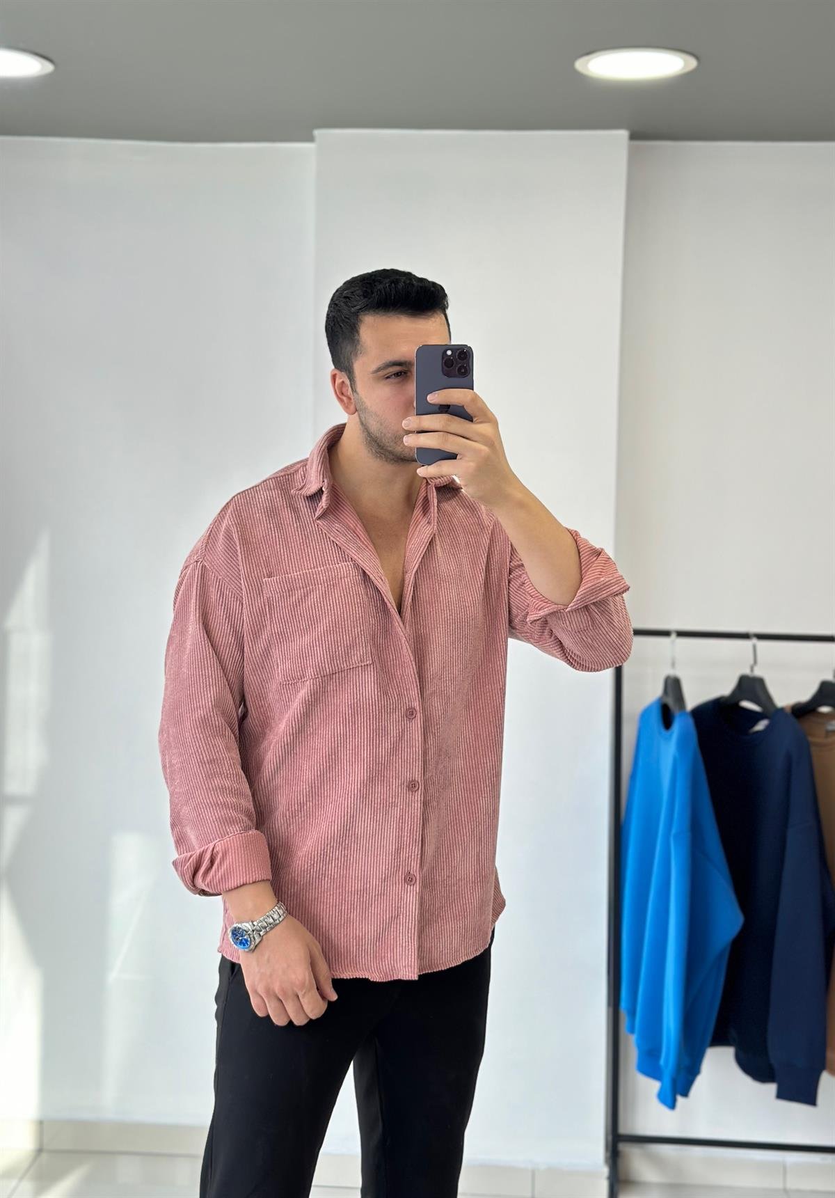 Cepli Lila Oversize Kadife Gömlek