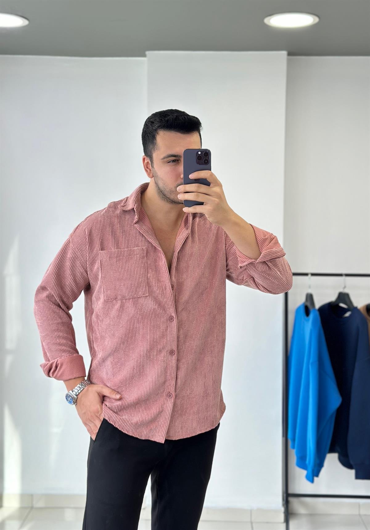 Cepli Lila Oversize Kadife Gömlek