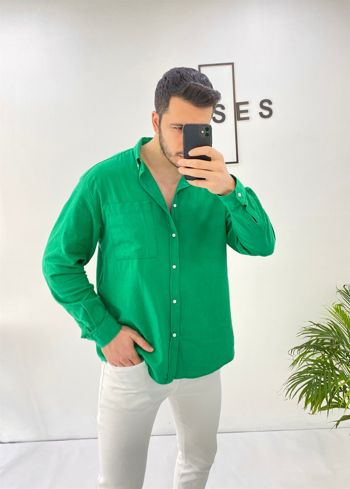 Cepli Oversize Yeşil Keten Gömlek 