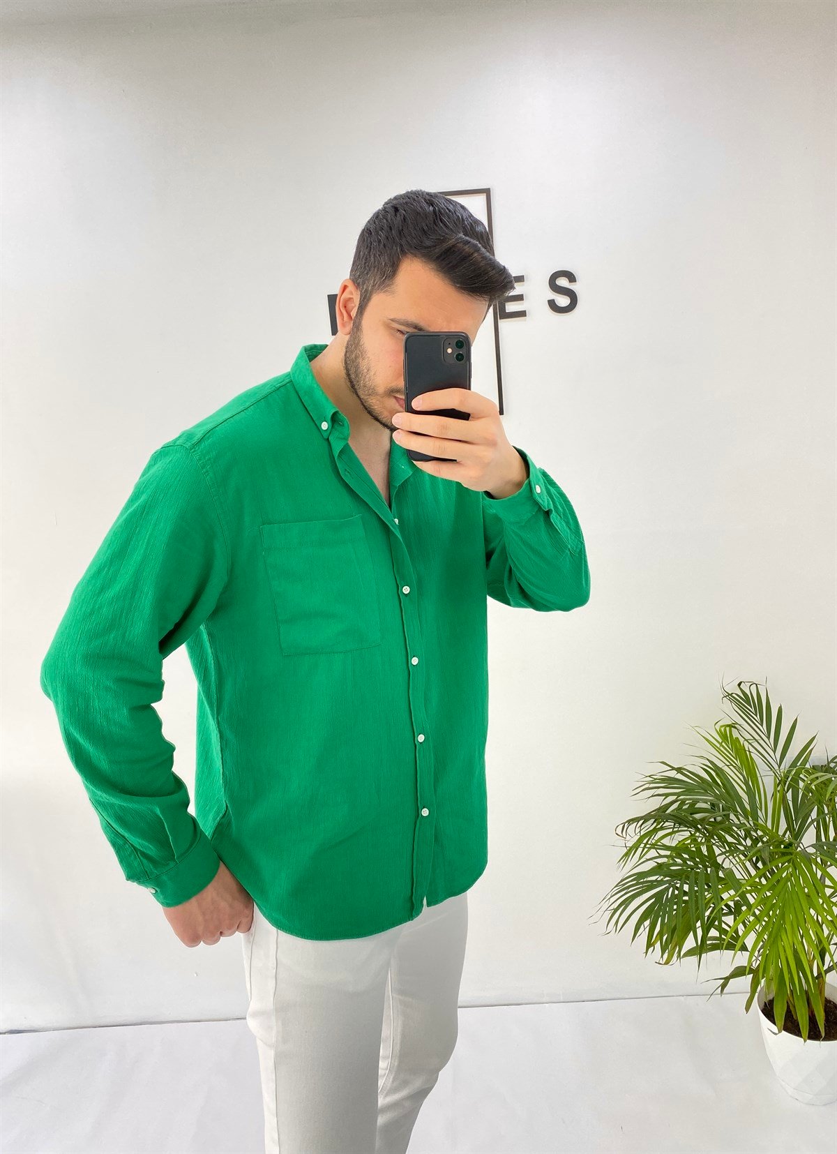Cepli Oversize Yeşil Keten Gömlek 