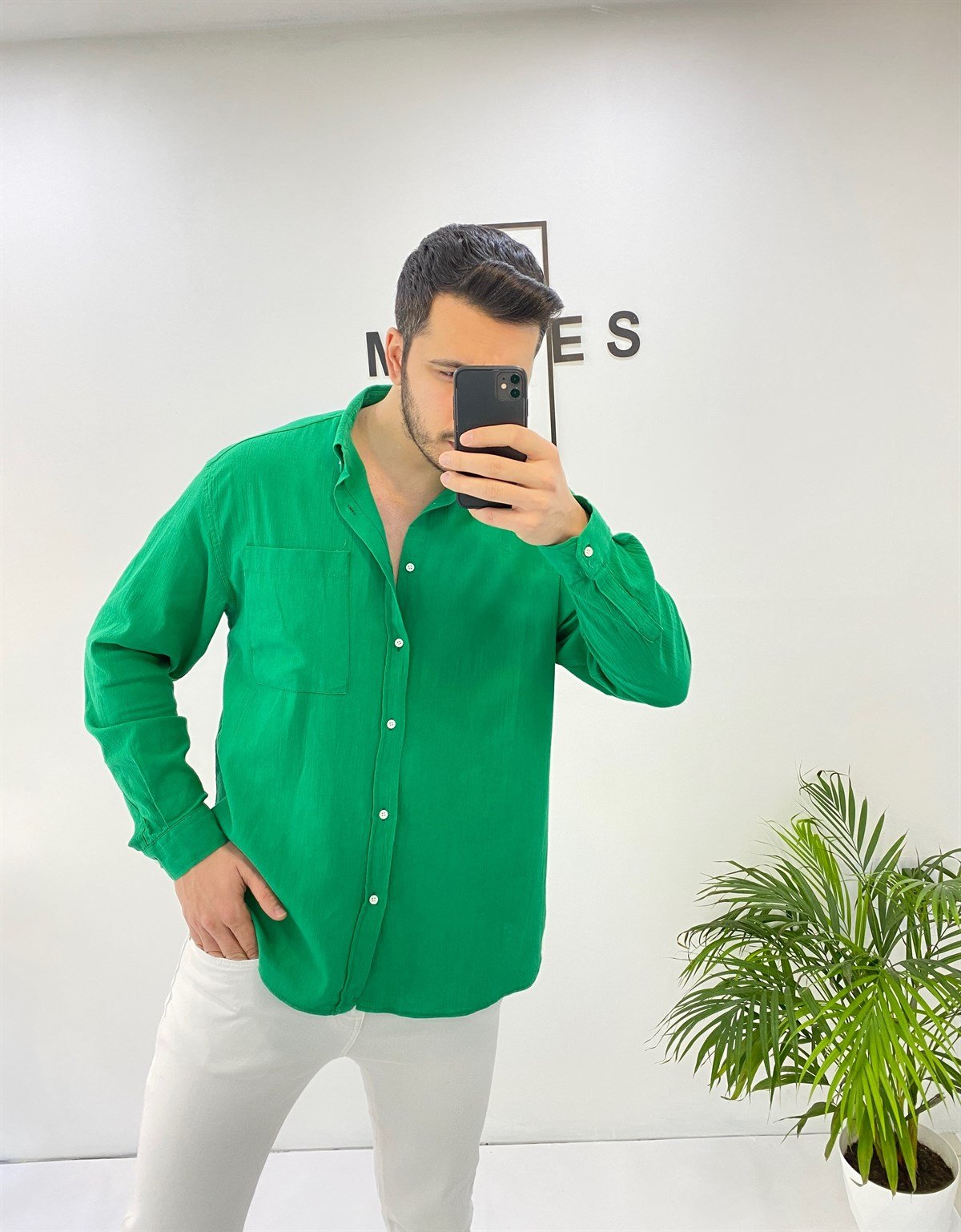 Cepli Oversize Yeşil Keten Gömlek 