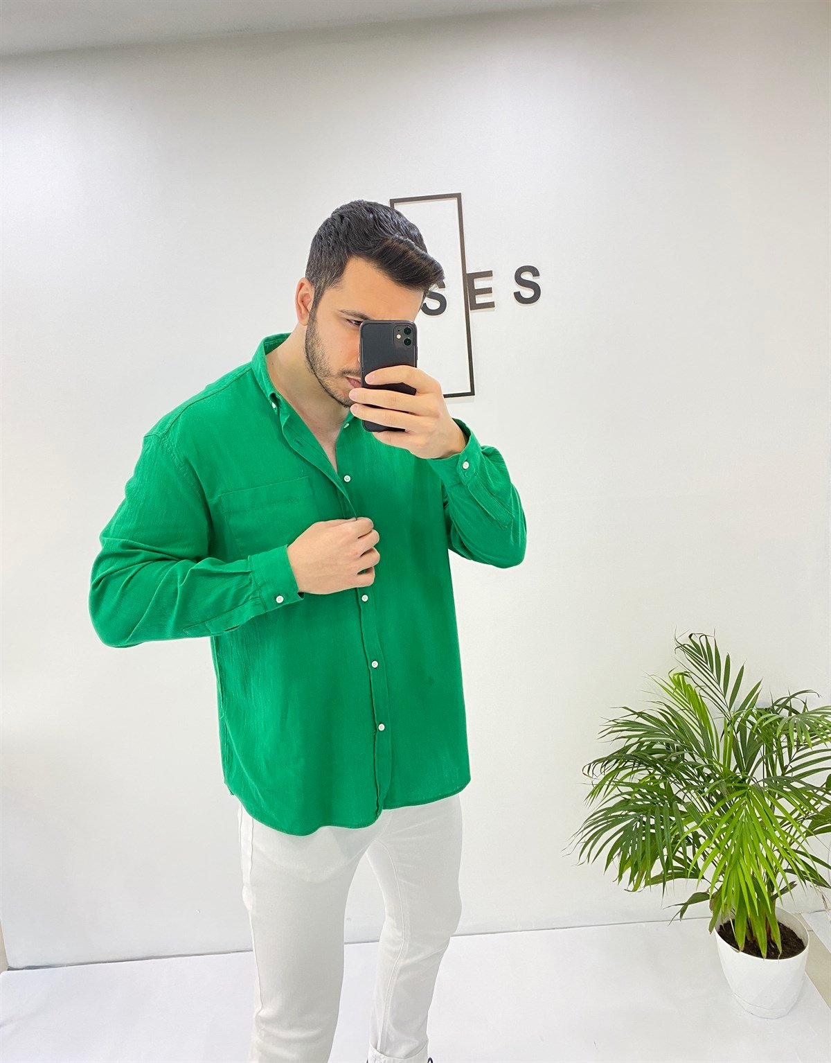 Cepli Oversize Yeşil Keten Gömlek 