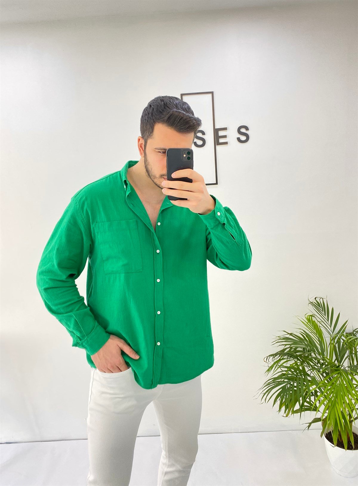 Cepli Oversize Yeşil Keten Gömlek 