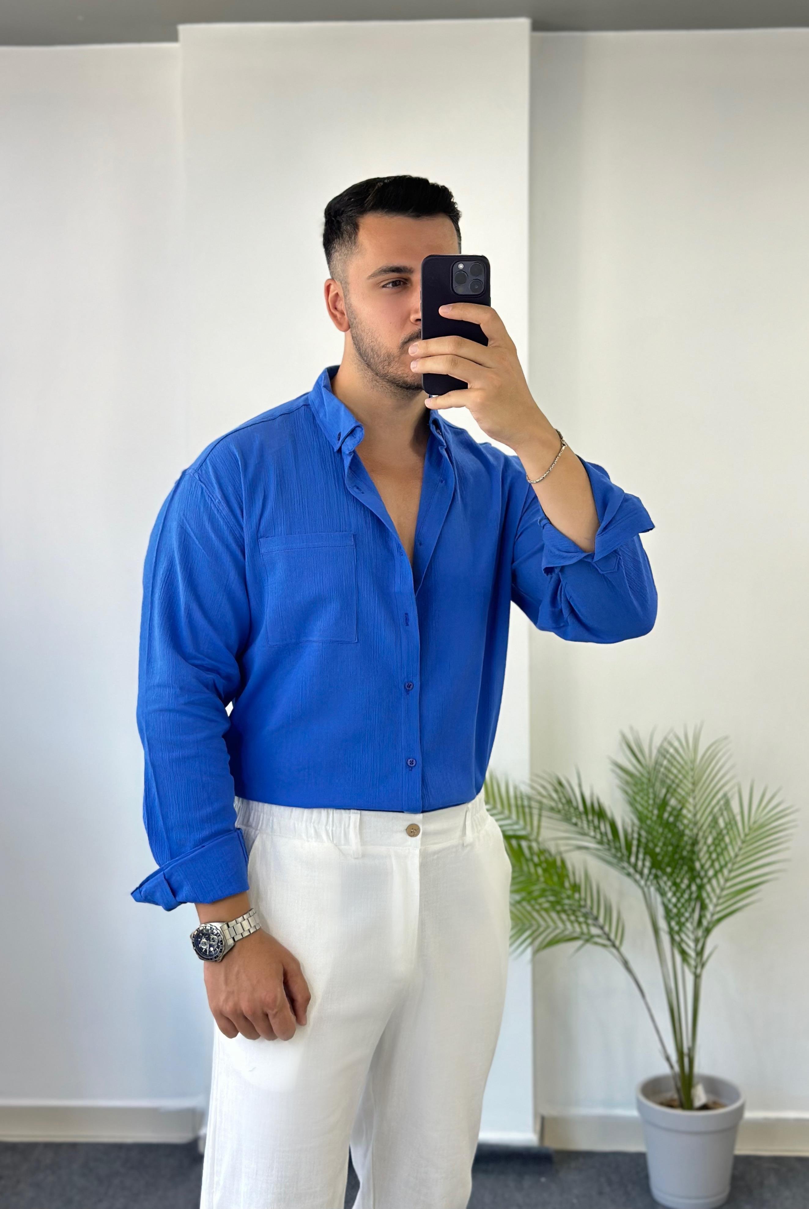 Cepli Saks Mavisi Oversize Keten Gömlek