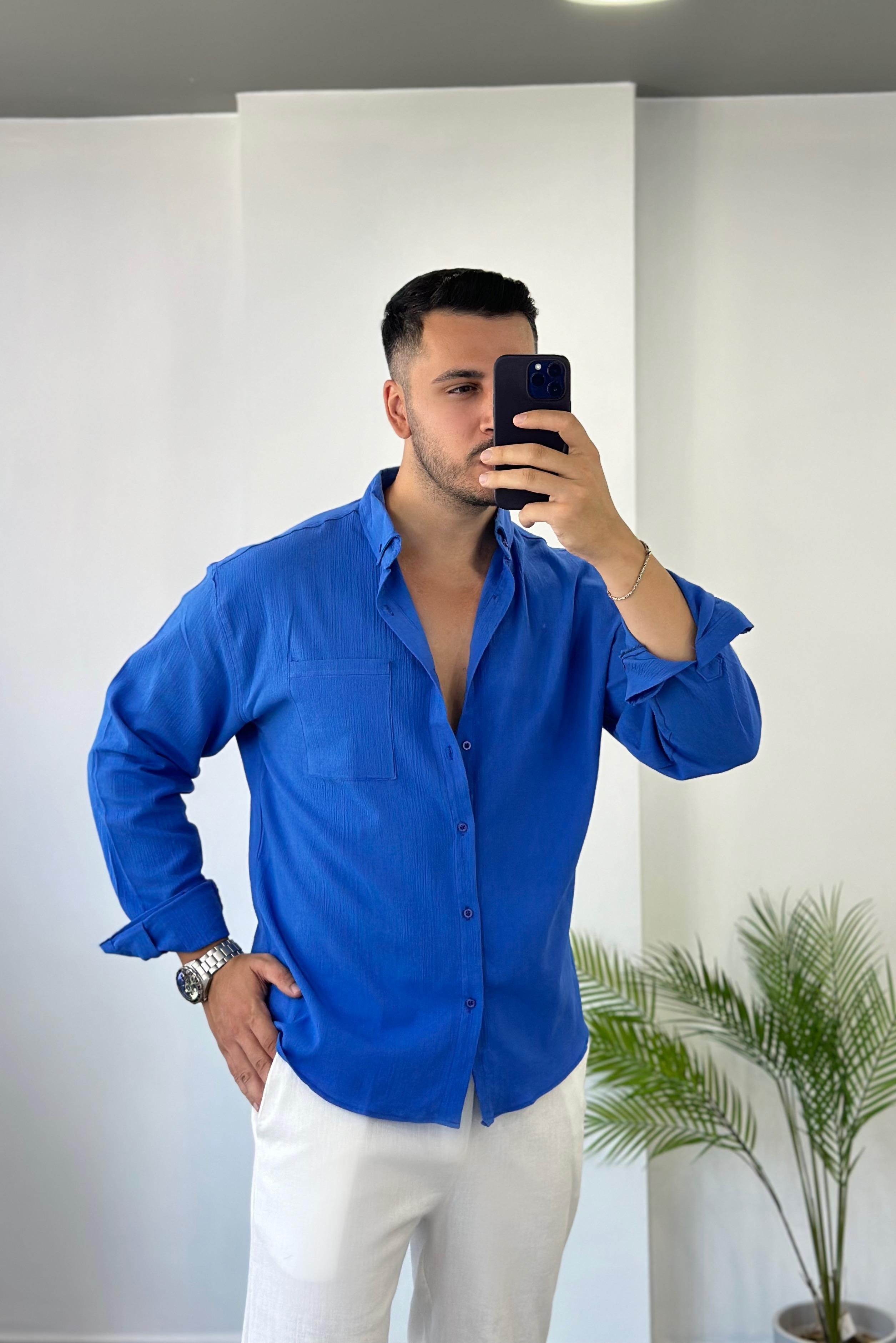 Cepli Saks Mavisi Oversize Keten Gömlek