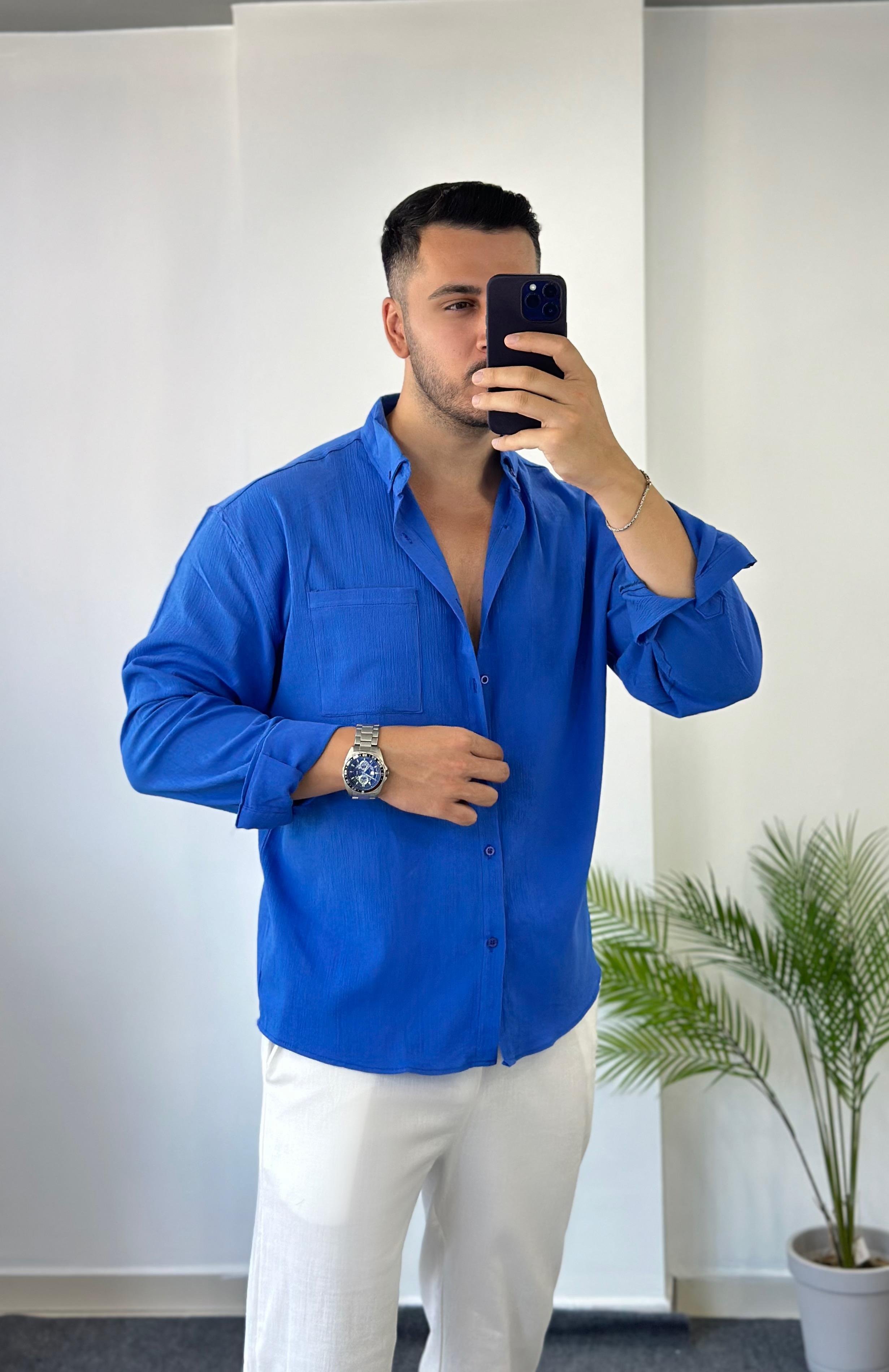 Cepli Saks Mavisi Oversize Keten Gömlek