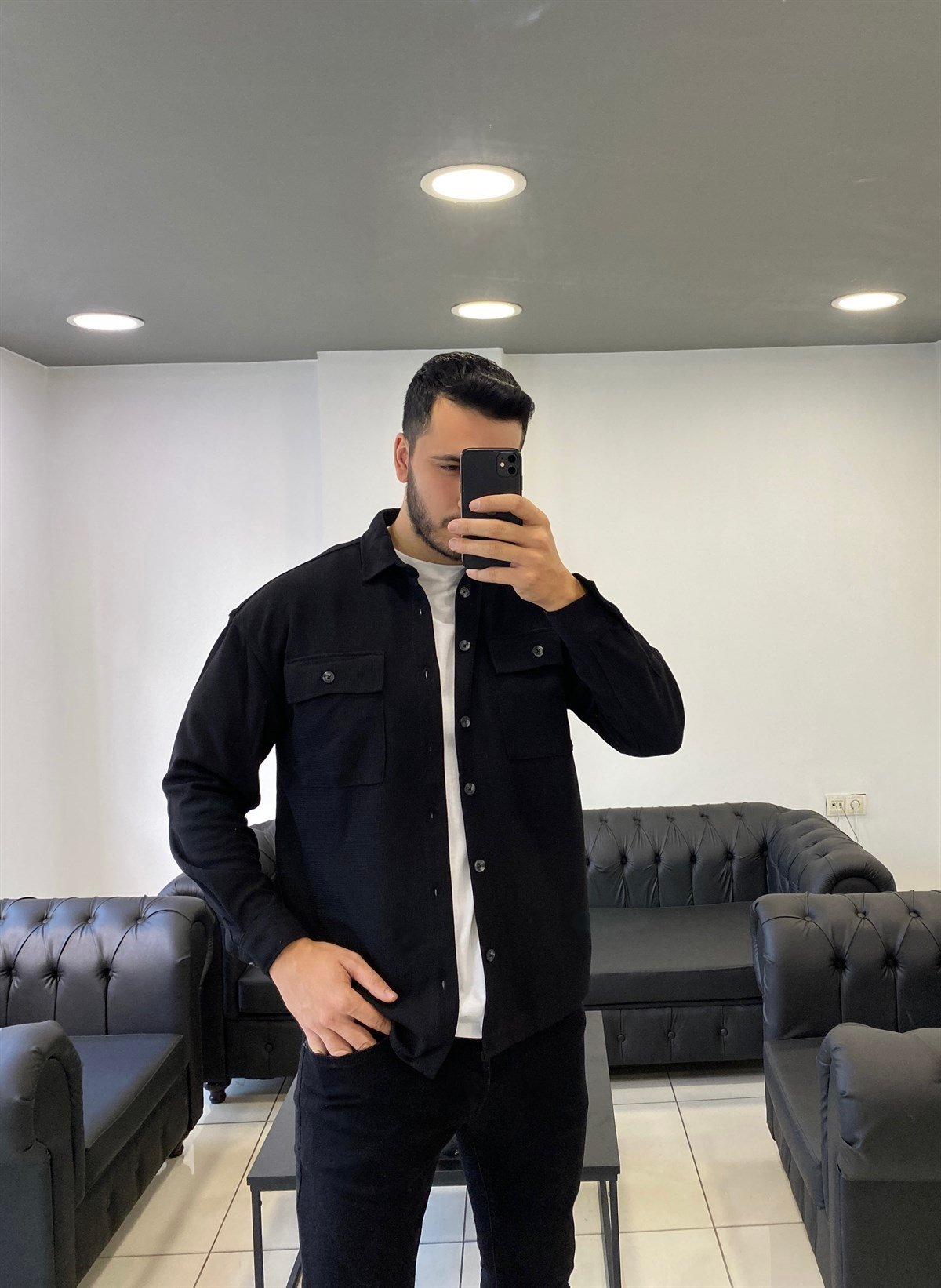 Cepli Siyah Oversize Ceket Gömlek